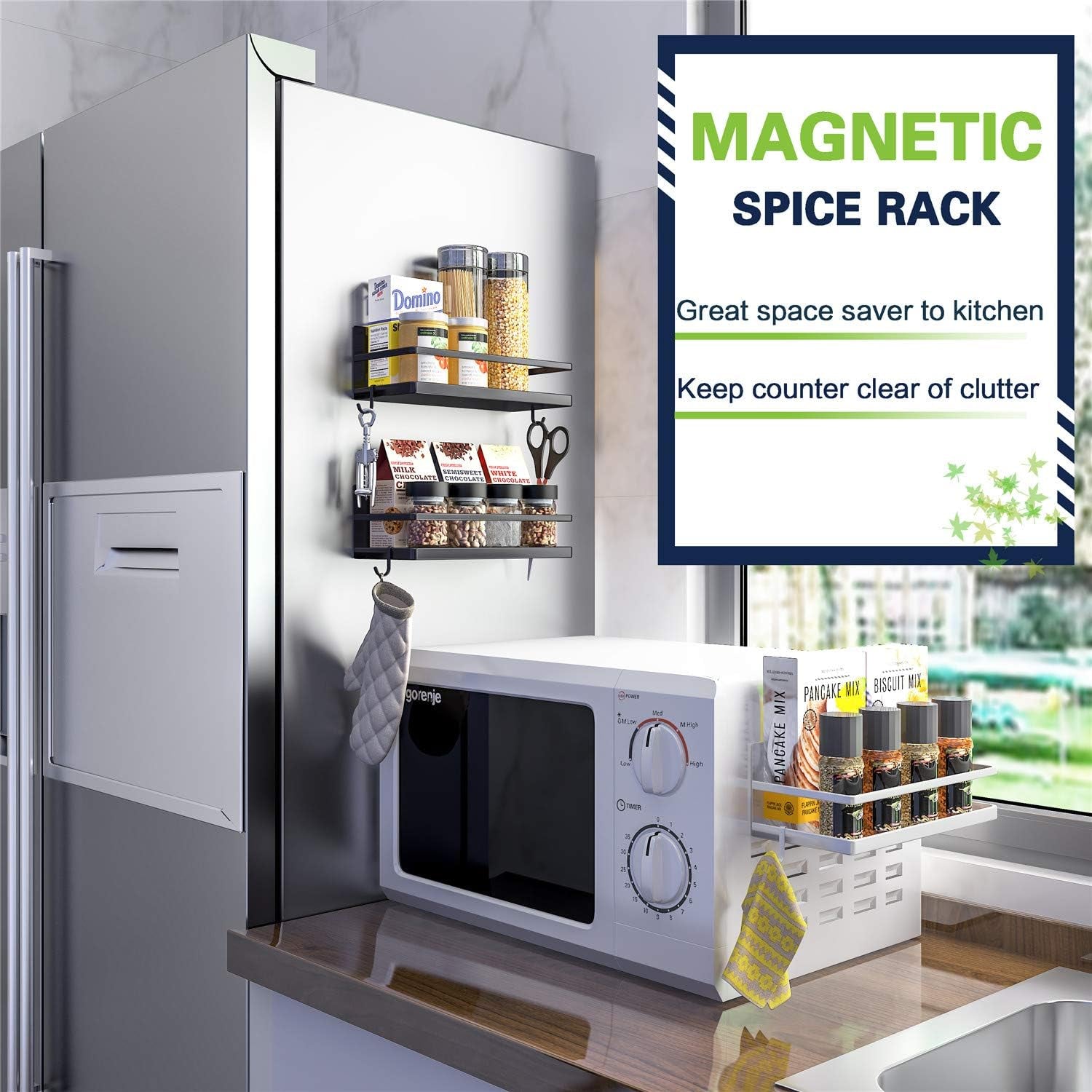 Magnetic Spice Rack - Space-Saving Shelf with 2 Removable Hooks, Ideal for Small Kitchens & Apartments, Perfect for Spices & Jars (White, 2 Pack)