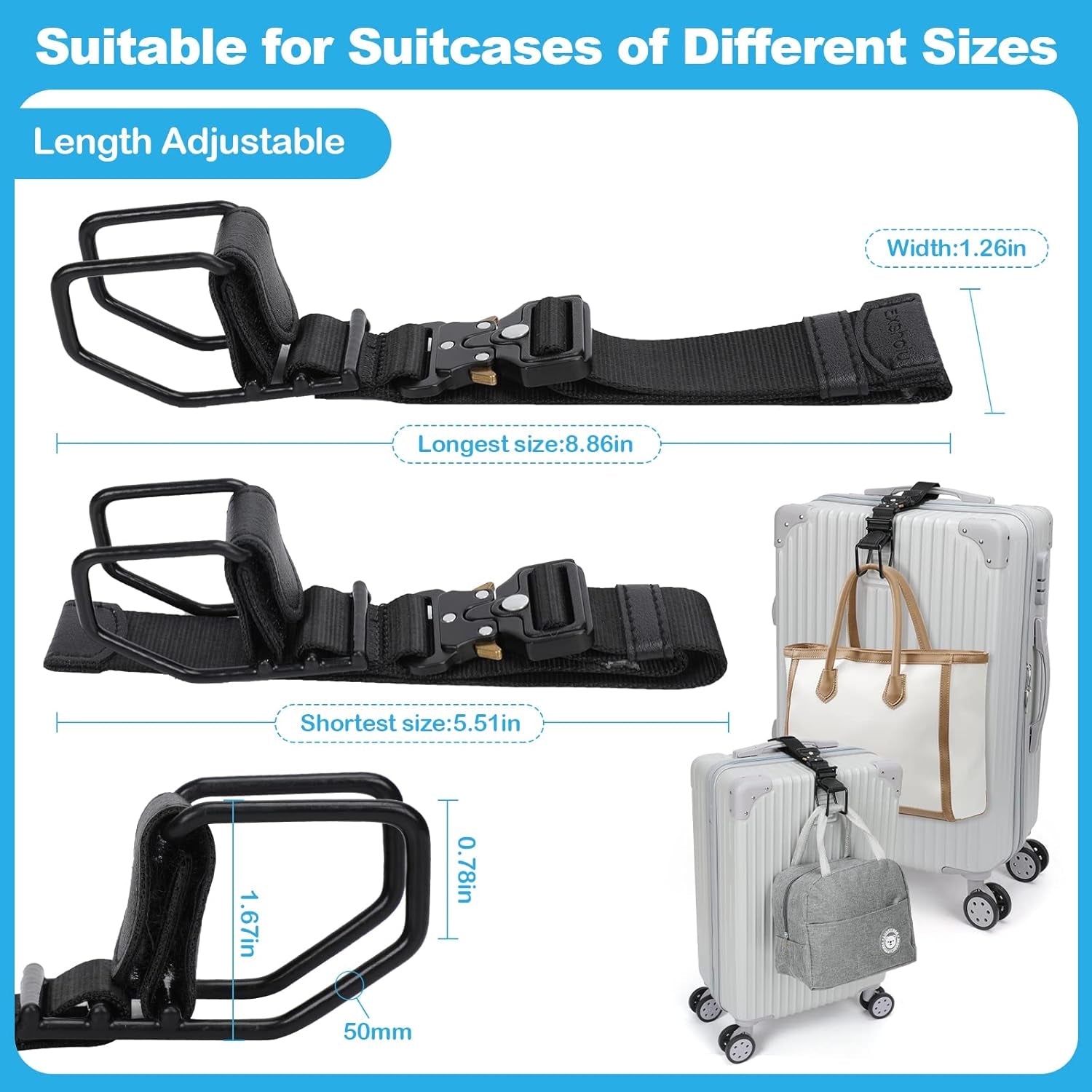 Luggage Hook Strap, Luggage J Hooks to Add a Bag Flight Attendant, Adjustable Luggage Connector Hook with Hands Free