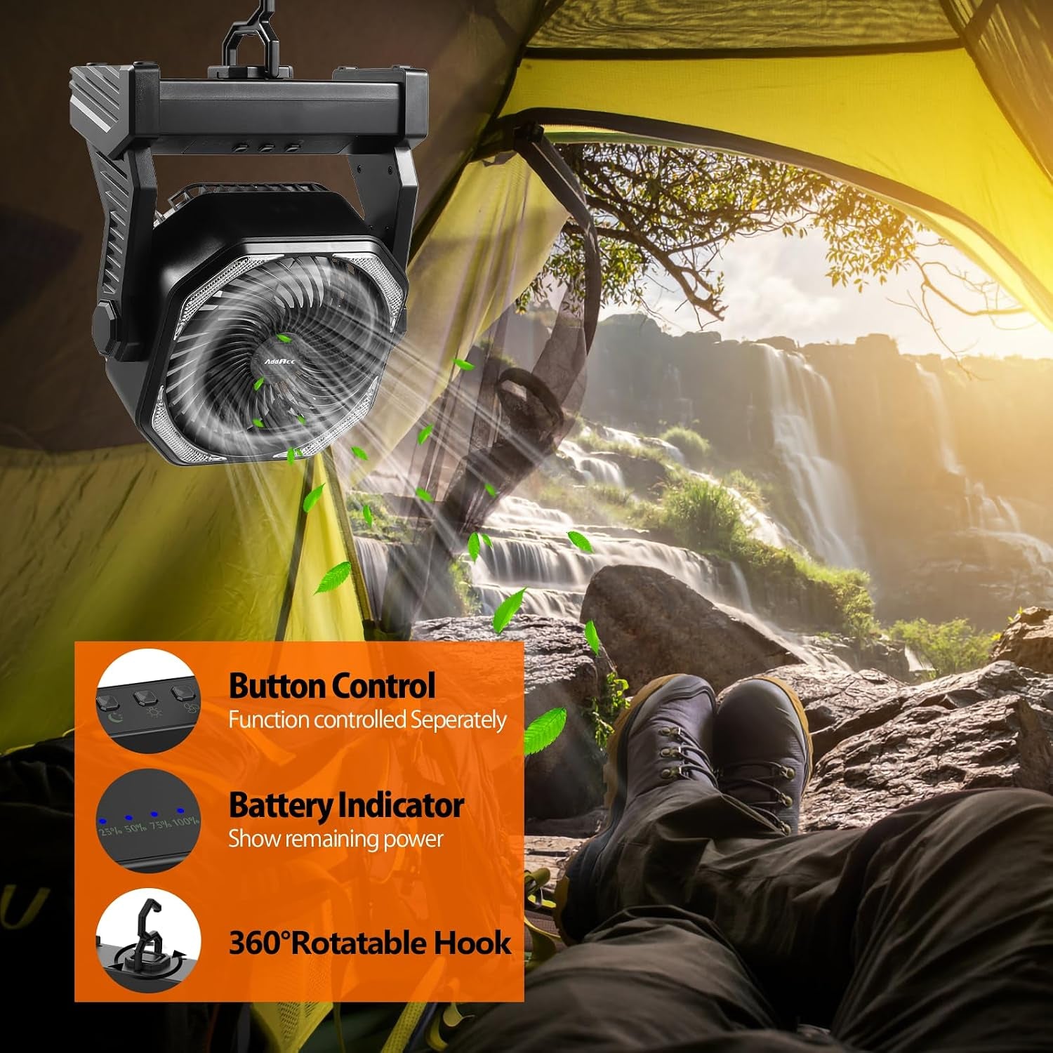 Battery Powered Camping Fan, Battery Operated Fan, Travel Gear Essentials | 20000Mah Rechargeable Battery, 58Hrs Runing, 400LM Light & 360° Rotable Hook, Whisper Quiet Fan for Outdoor Power Outages