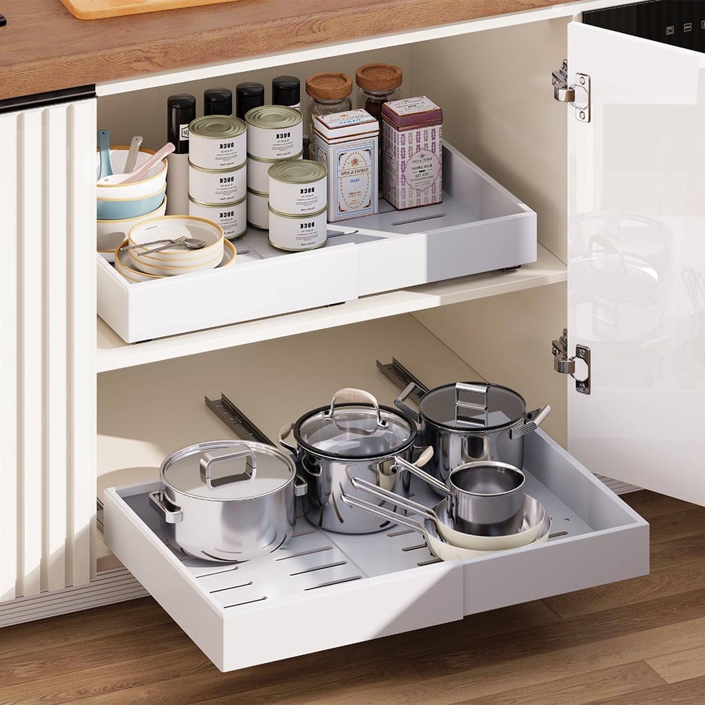 2 Pack Pull Out Cabinet Organizer,Extendable (12"-20") Heavy-Duty Pull-Out Drawers – Secured with Nano Adhesive Tape, Ideal for Cookware Storage, for Kitchen Base Cabinets (21" Dx12-20" W)