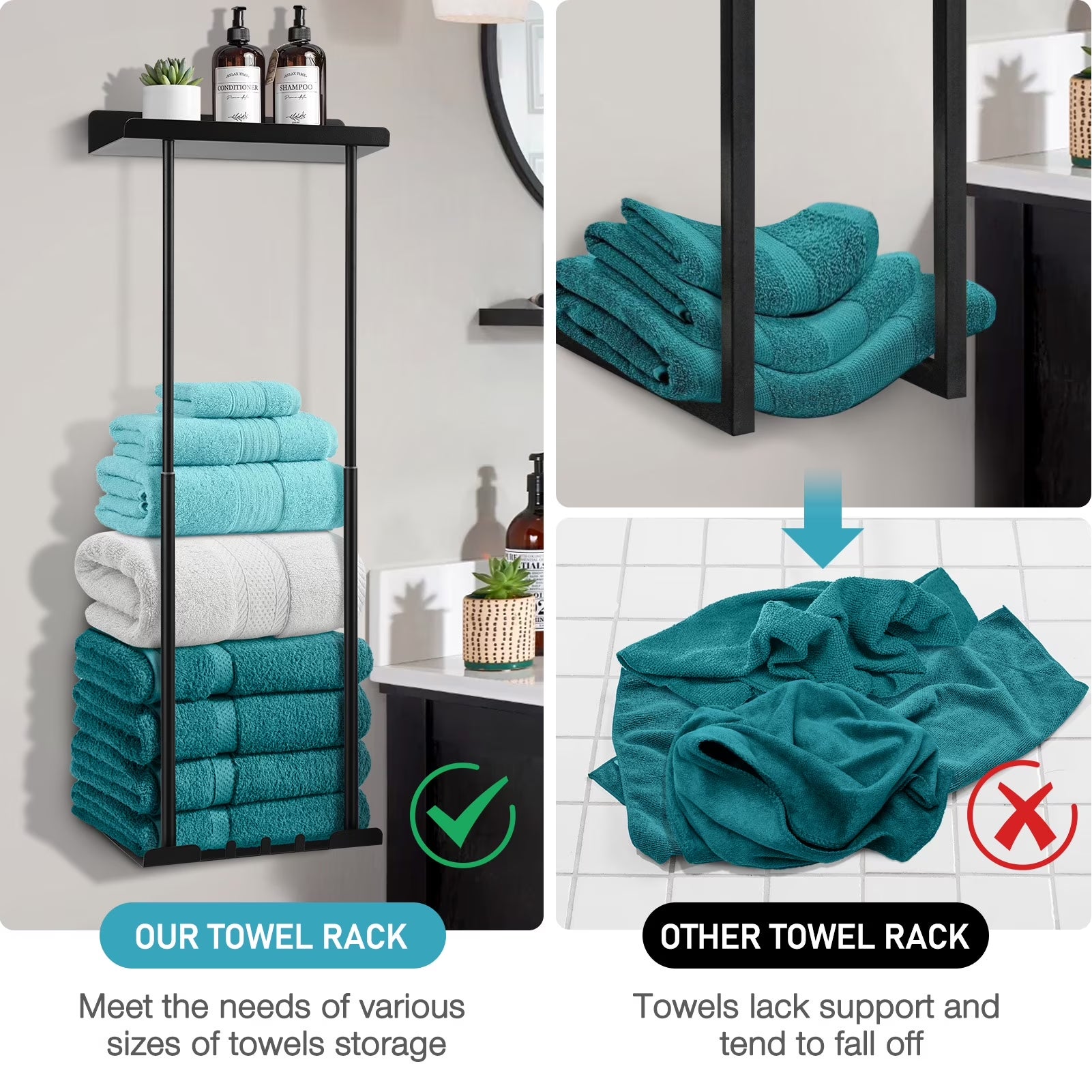 Wall Towel Rack for Rolled Towels, New Upgrade Towel Racks for Bathroom Wall Mounted, Bathroom Bar Towel Storage, Metal Bath Towel Holder for Folded Large Towel Washcloths, Black