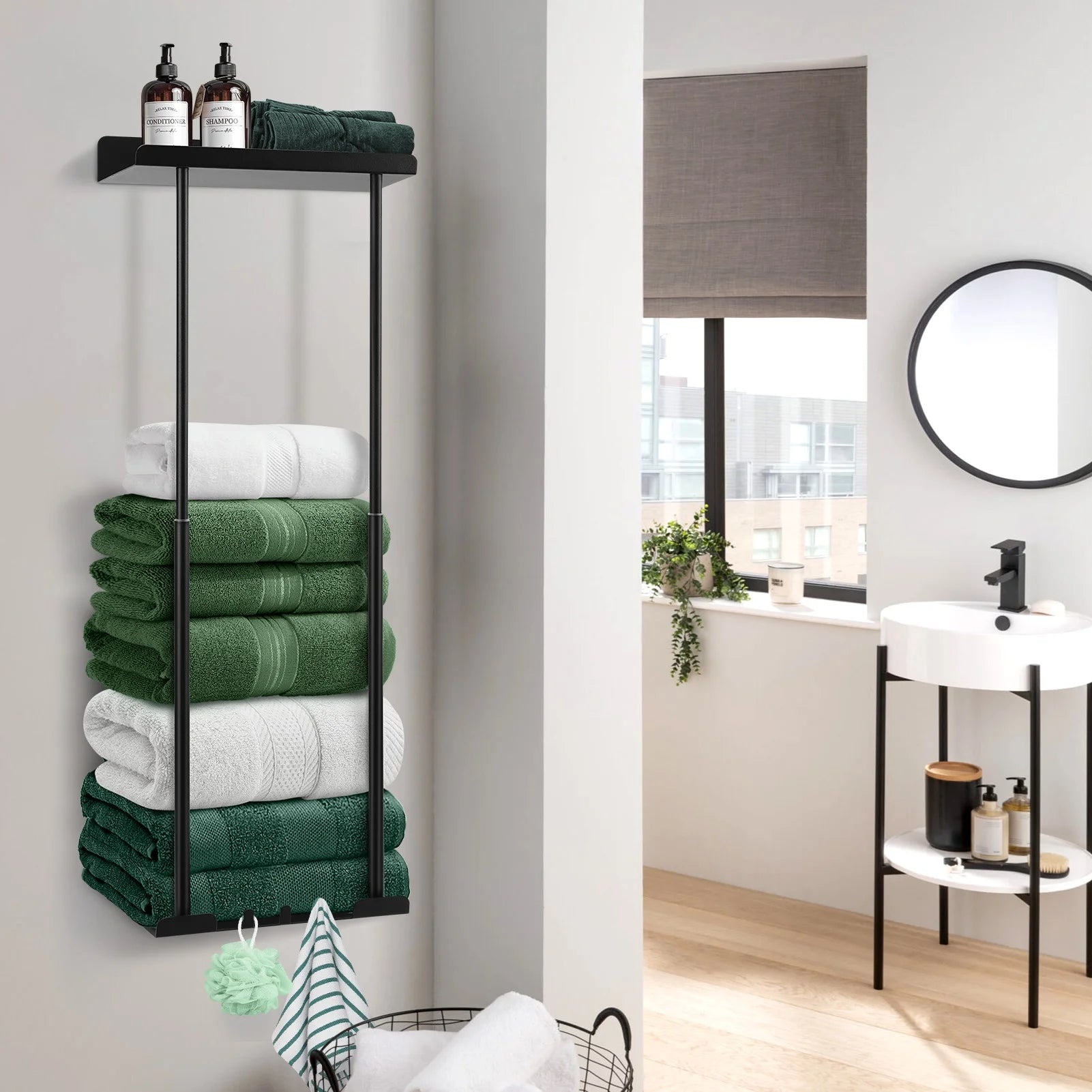 Wall Towel Rack for Rolled Towels, New Upgrade Towel Racks for Bathroom Wall Mounted, Bathroom Bar Towel Storage, Metal Bath Towel Holder for Folded Large Towel Washcloths, Black