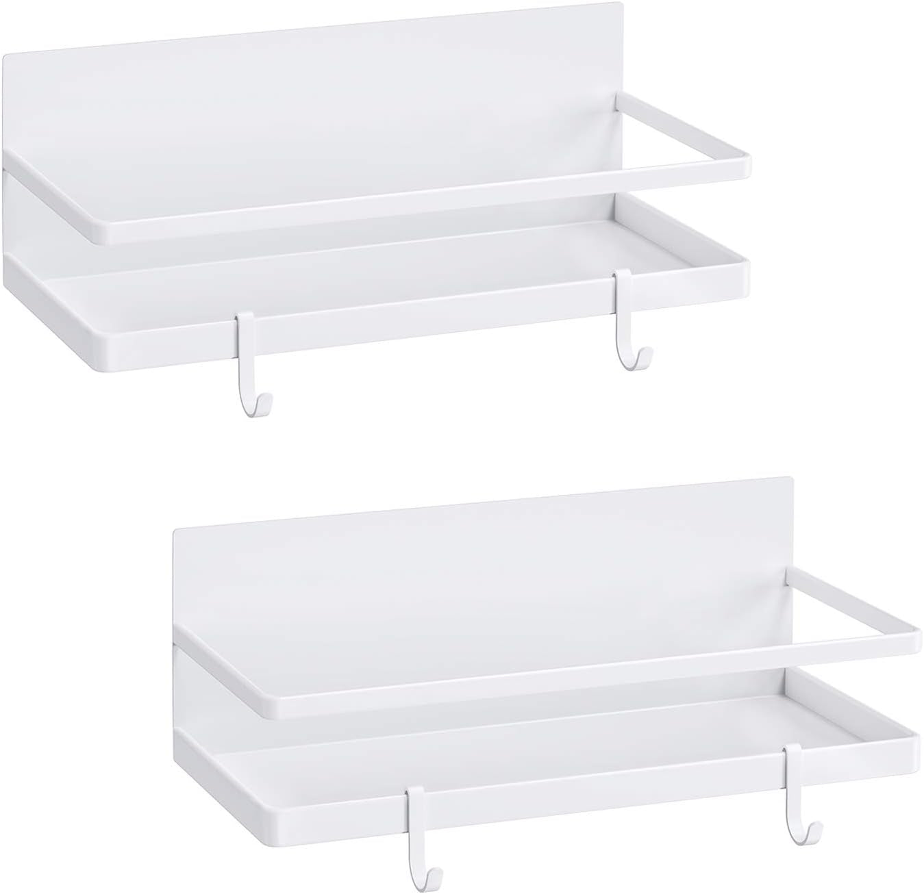 Magnetic Spice Rack - Space-Saving Shelf with 2 Removable Hooks, Ideal for Small Kitchens & Apartments, Perfect for Spices & Jars (White, 2 Pack)