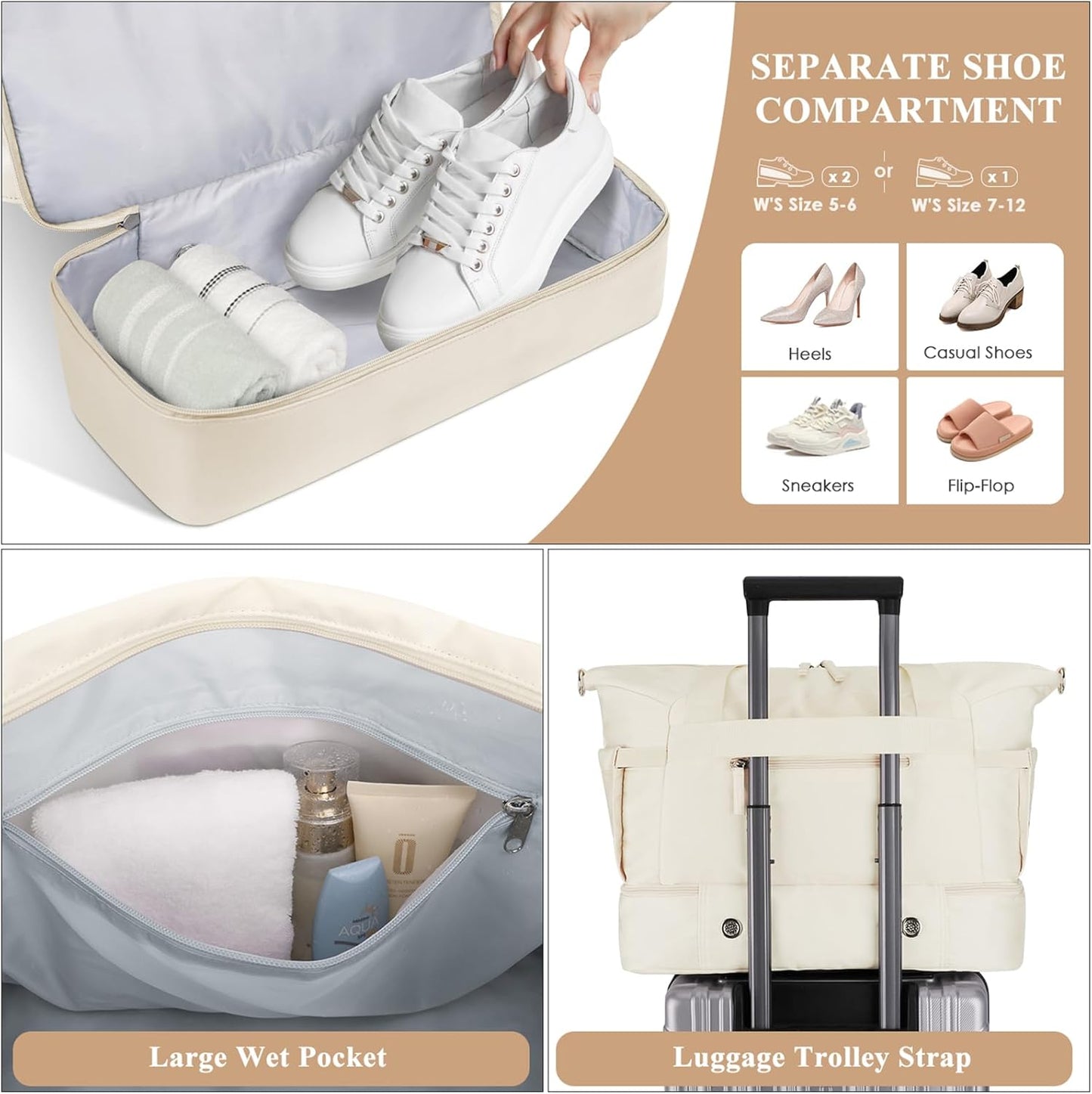 Gym Bag for Women, Personal Item Travel Bag with Shoes Compartment, Weekender Overnight Duffel Bag with Wet Pocket, Carry on Bag for Women, Travel, Gym, Weekend (Beige)