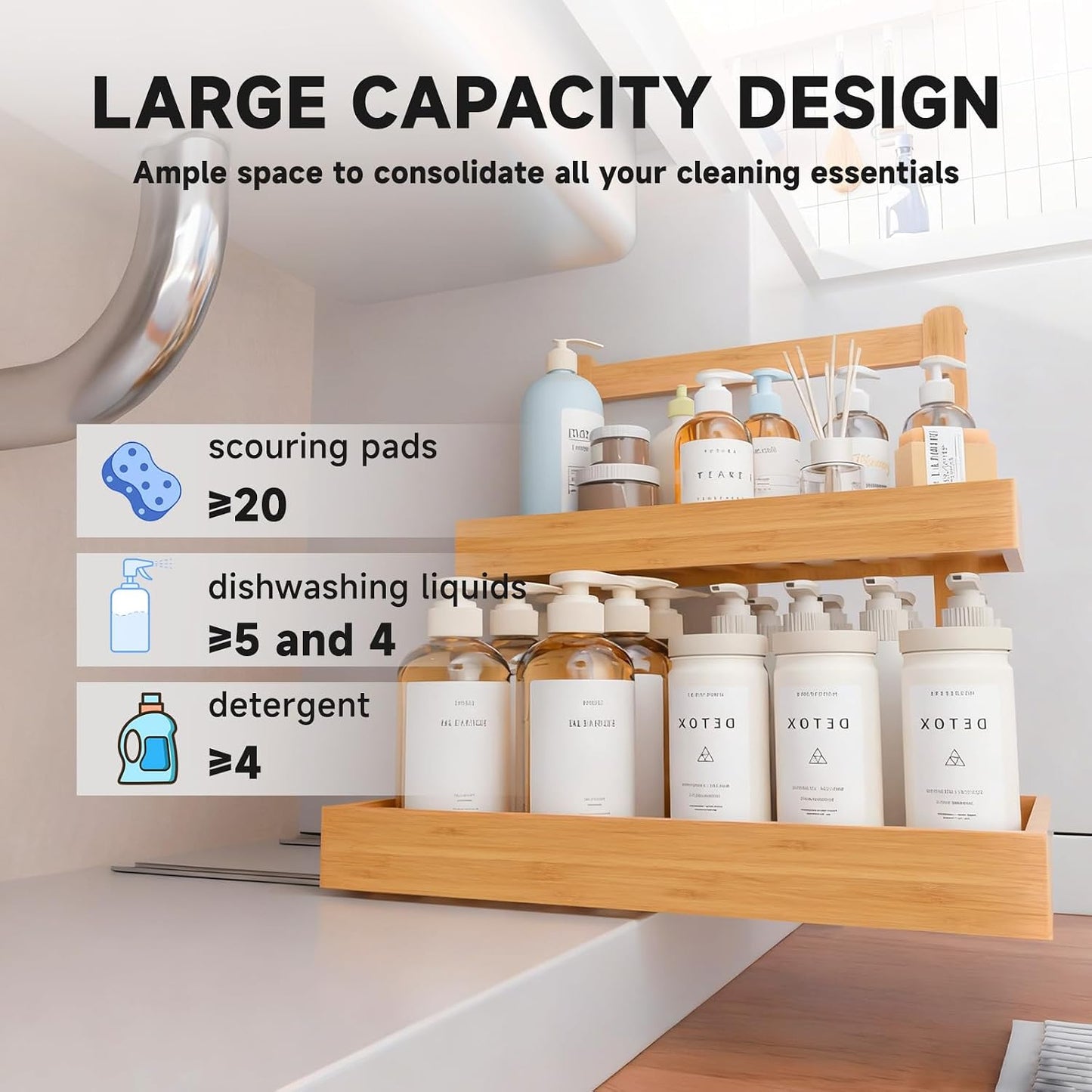 2-Tier under Sink Pull Out Organizer, Bamboo Cabinet Storage Shelf with Adjustable Height, Slide Out for Kitchen Bathroom Pantry (Natural, 1 Pack)
