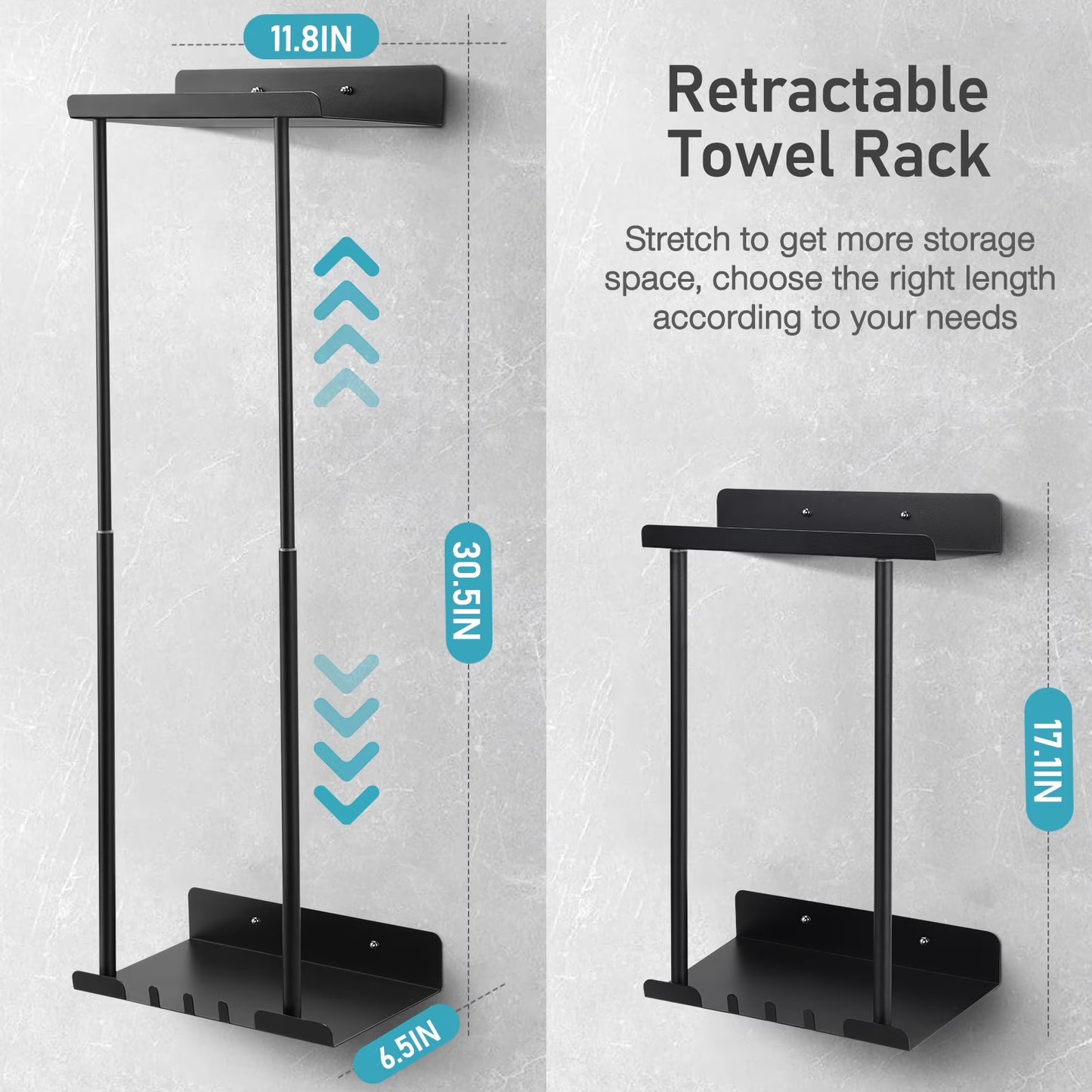 Wall Towel Rack for Rolled Towels, New Upgrade Towel Racks for Bathroom Wall Mounted, Bathroom Bar Towel Storage, Metal Bath Towel Holder for Folded Large Towel Washcloths, Black