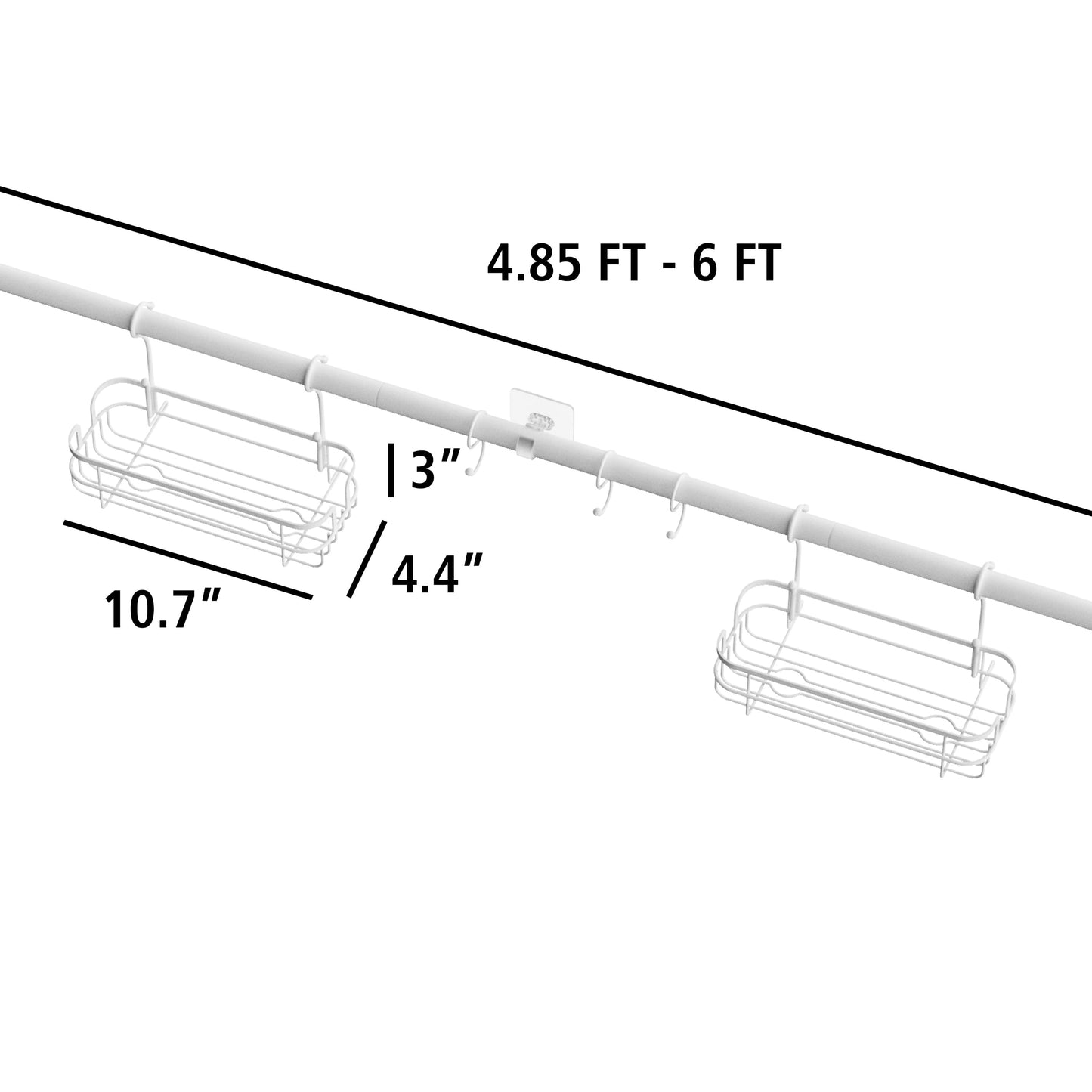 Tension Rod Bath Organizer Pole Caddy, No Tools, 4.85 - 6 Ft., Rust Resistant, White