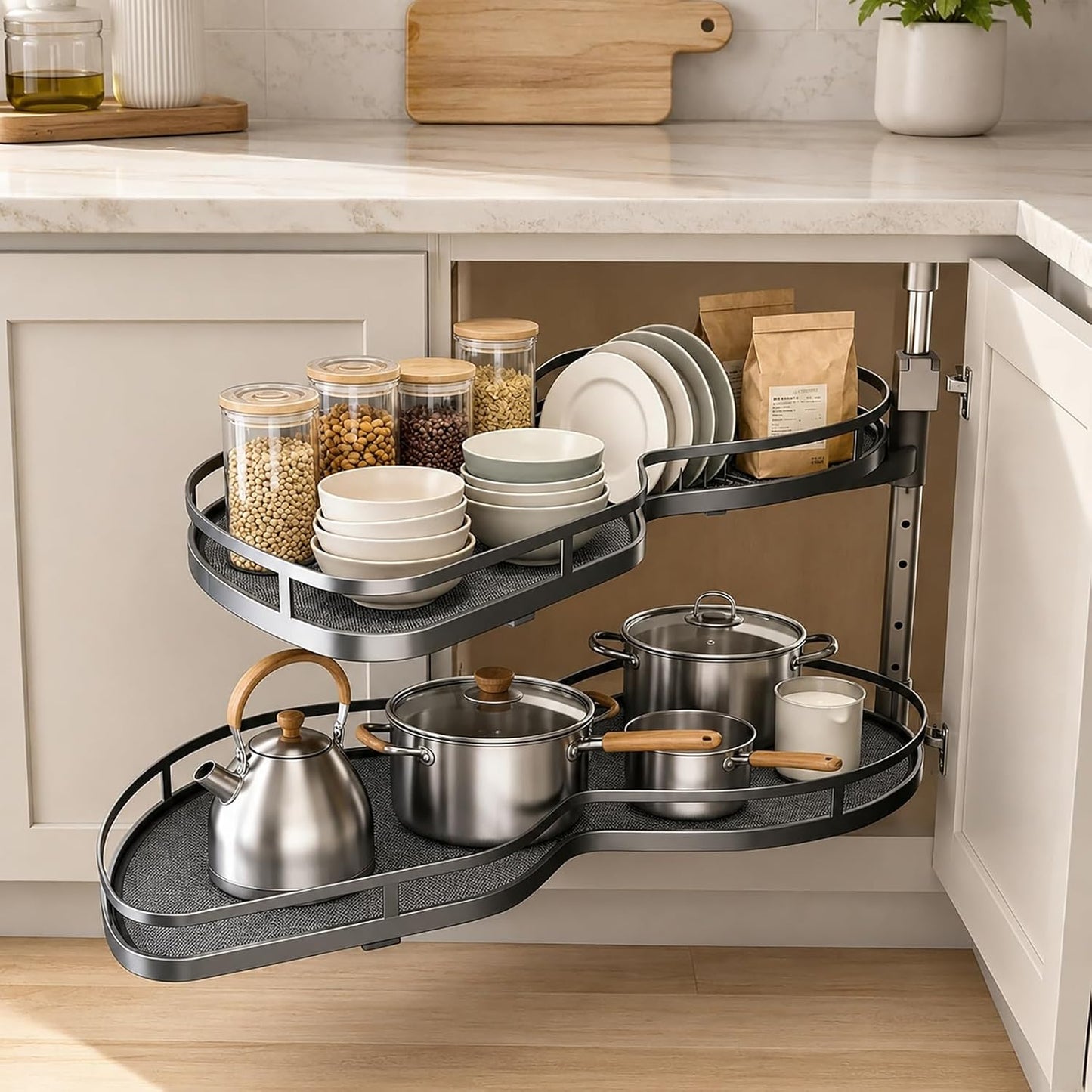 Blind Corner Cabinet Pull Out Organizer, Heavy Duty 2-Tier Soft Close System, Fits 12”-18” Cabinets, Left/Right Adjustable Magic Corner Storage for Kitchen Cabinets