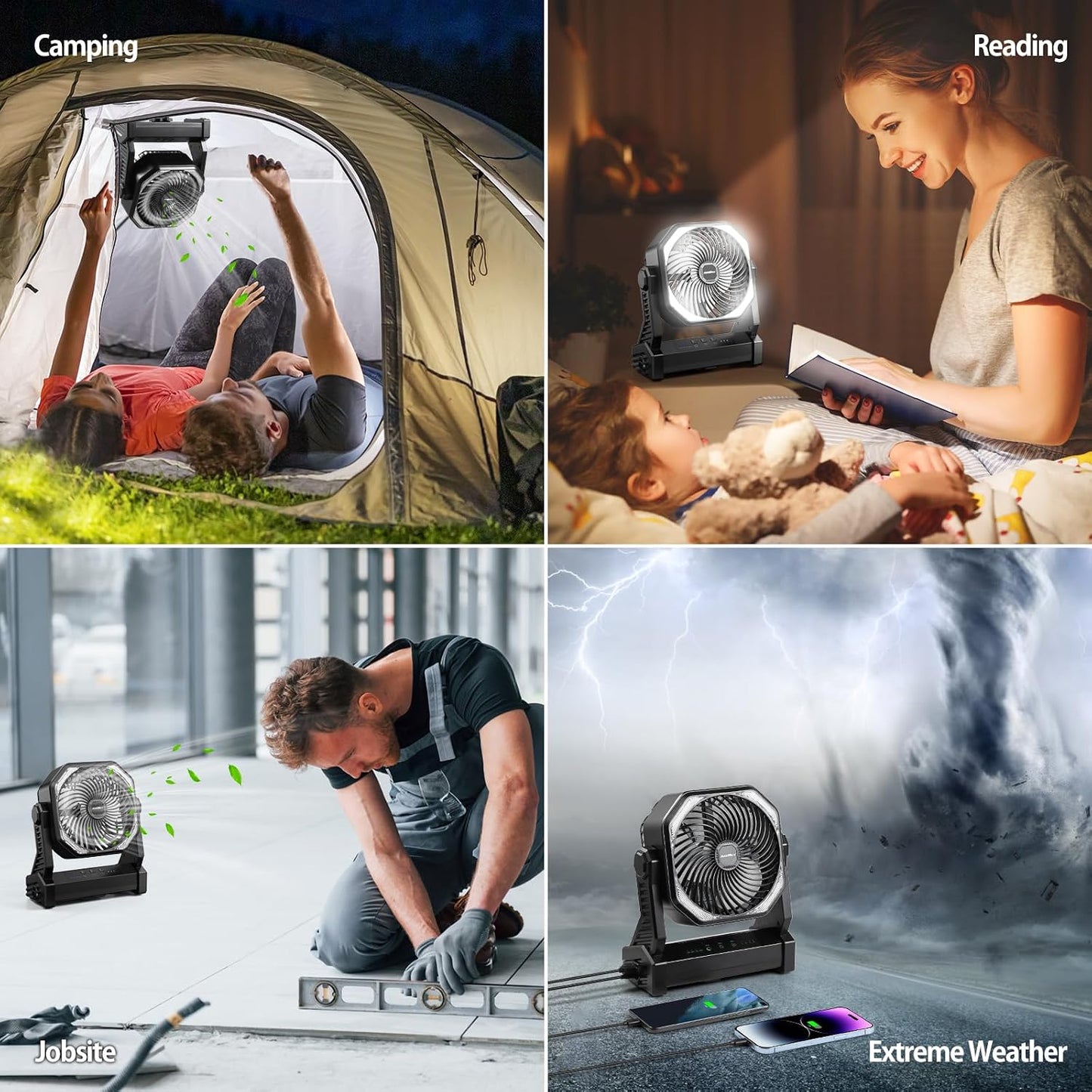 Battery Powered Camping Fan, Battery Operated Fan, Travel Gear Essentials | 20000Mah Rechargeable Battery, 58Hrs Runing, 400LM Light & 360° Rotable Hook, Whisper Quiet Fan for Outdoor Power Outages