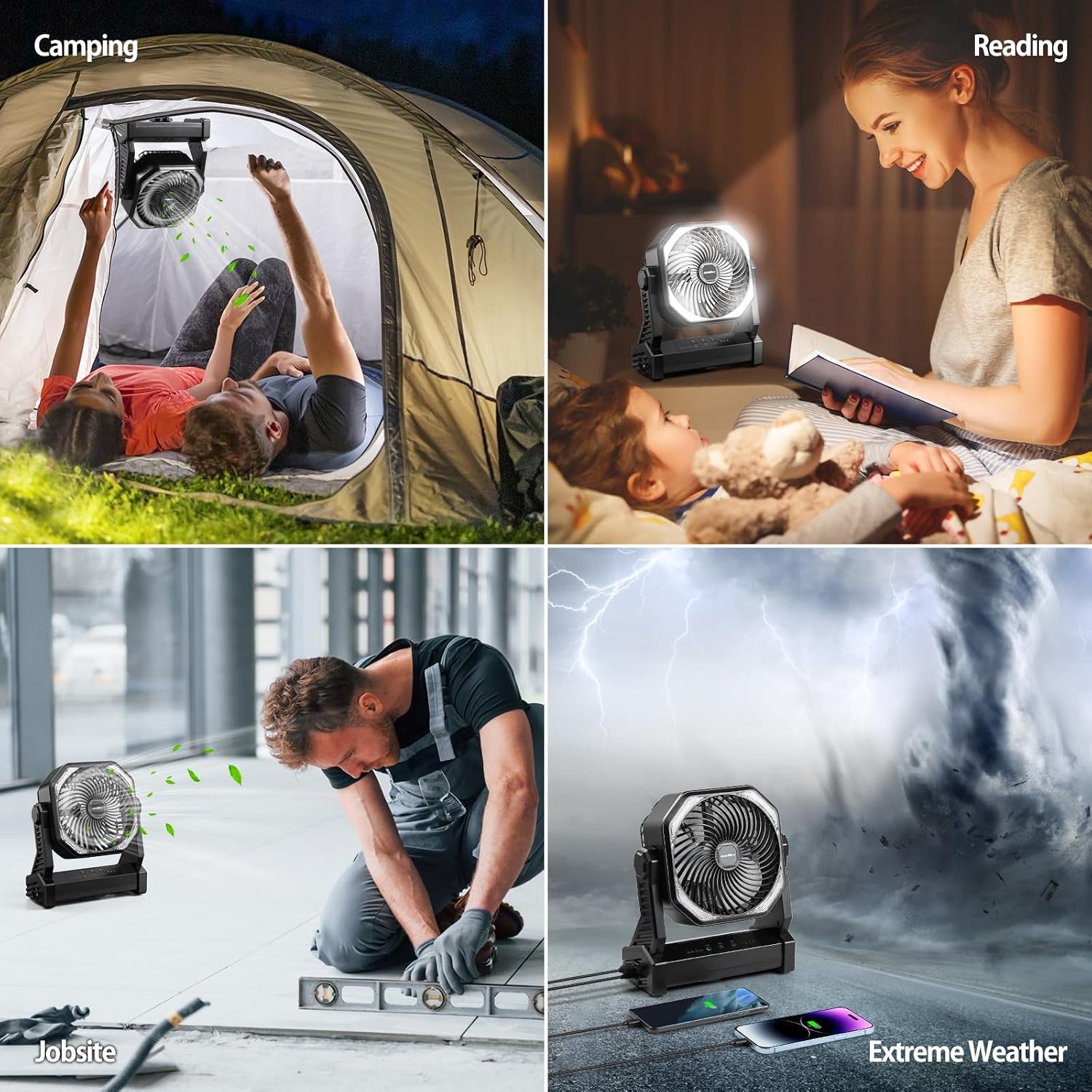 Battery Powered Camping Fan, Battery Operated Fan, Travel Gear Essentials | 20000Mah Rechargeable Battery, 58Hrs Runing, 400LM Light & 360° Rotable Hook, Whisper Quiet Fan for Outdoor Power Outages