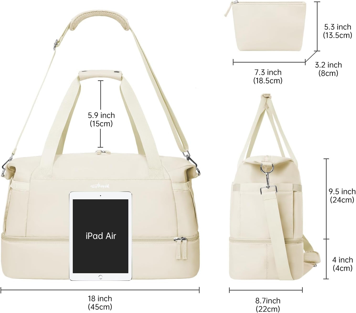 Gym Bag for Women, Personal Item Travel Bag with Shoes Compartment, Weekender Overnight Duffel Bag with Wet Pocket, Carry on Bag for Women, Travel, Gym, Weekend (Beige)