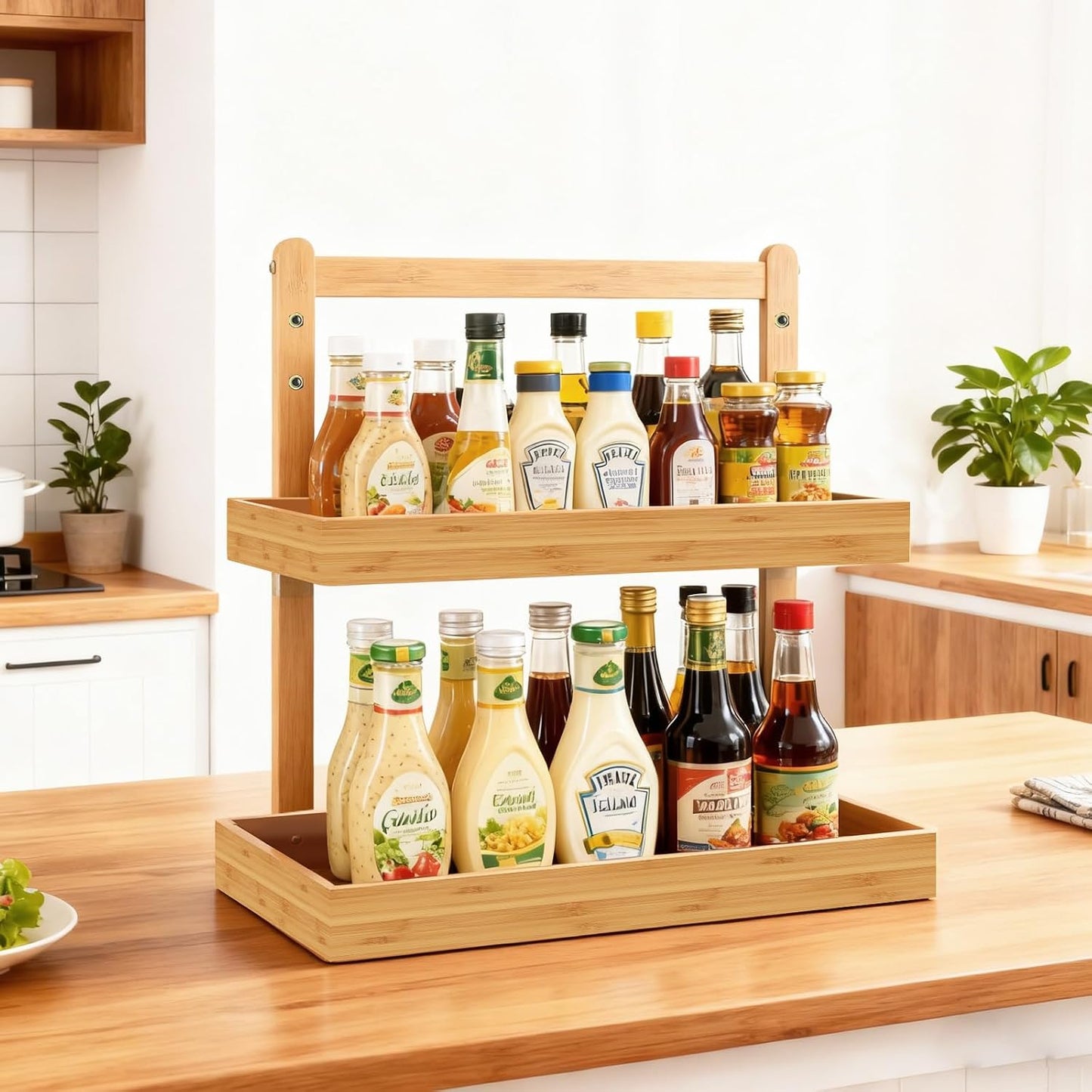 Bamboo Undersink Organizer Storage - 2-Tier Cabinet Shelf with Adjustable Levels, under Sink Storage Slide Out for Cabinet Pantry Kitchen Bathroom (Natural)
