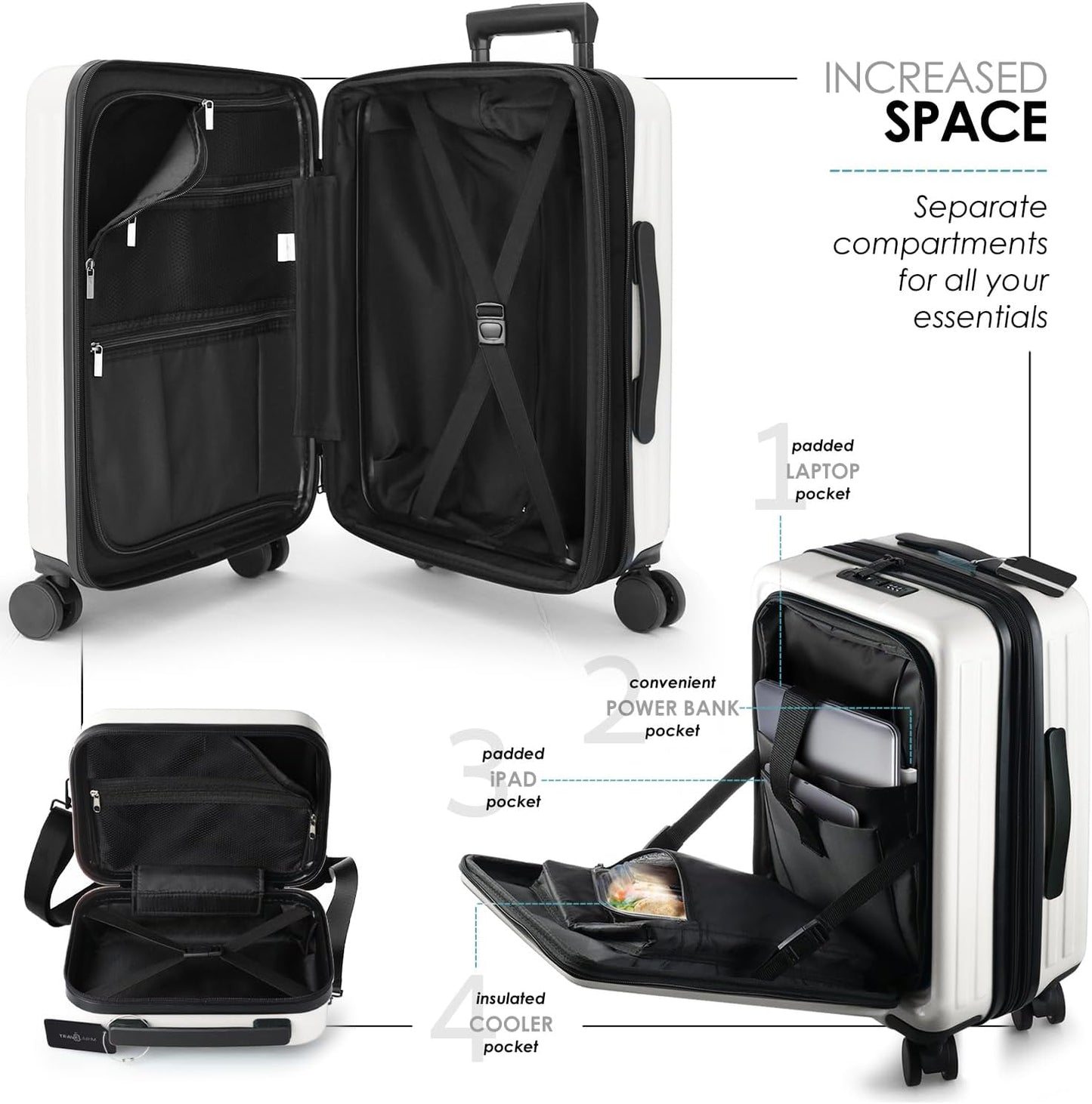 22 Inch Carry on Luggage 22X14X9 Airline Approved, Small Carry on Suitcase, Hard-Shell Carry-On Luggage with Wheels, Durable Expandable White Luggage Carry-On with Cosmetic Case