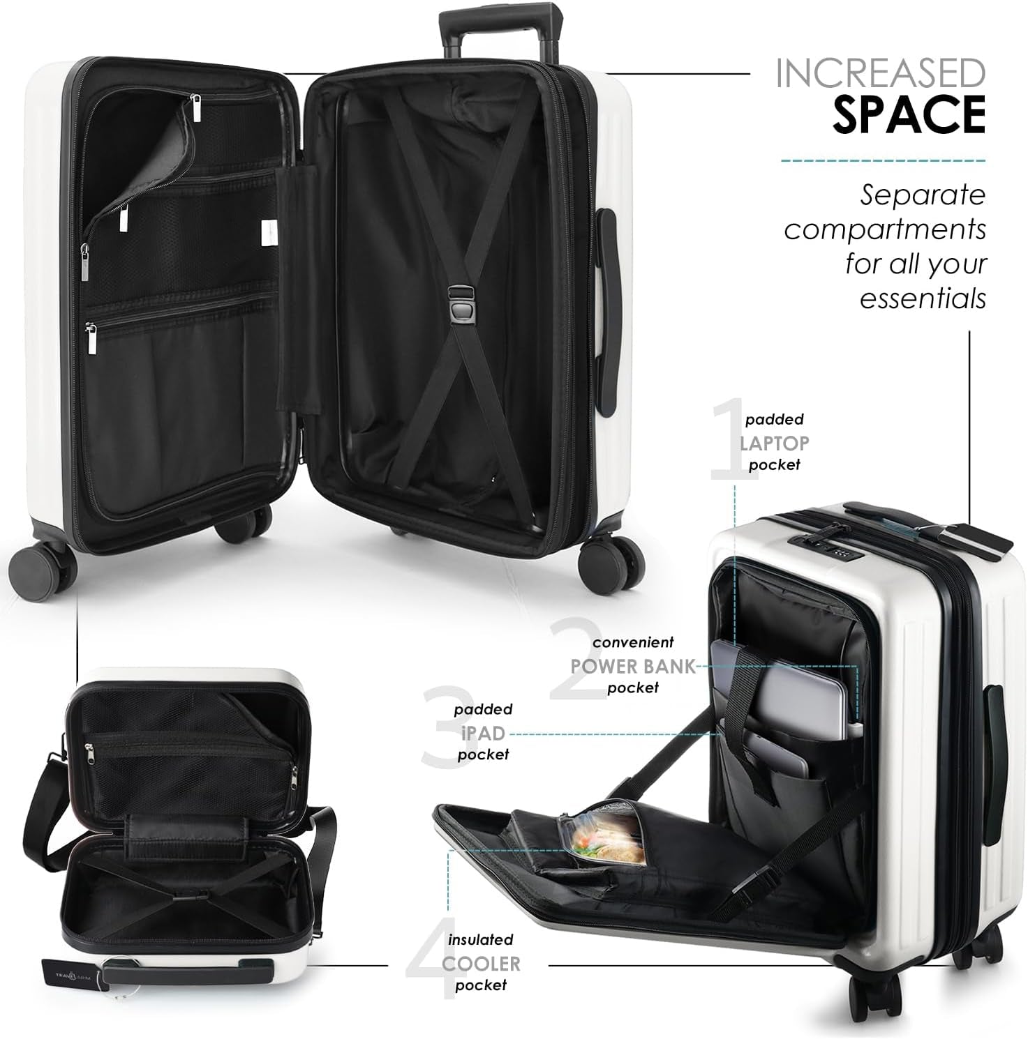 22 Inch Carry on Luggage 22X14X9 Airline Approved, Small Carry on Suitcase, Hard-Shell Carry-On Luggage with Wheels, Durable Expandable White Luggage Carry-On with Cosmetic Case
