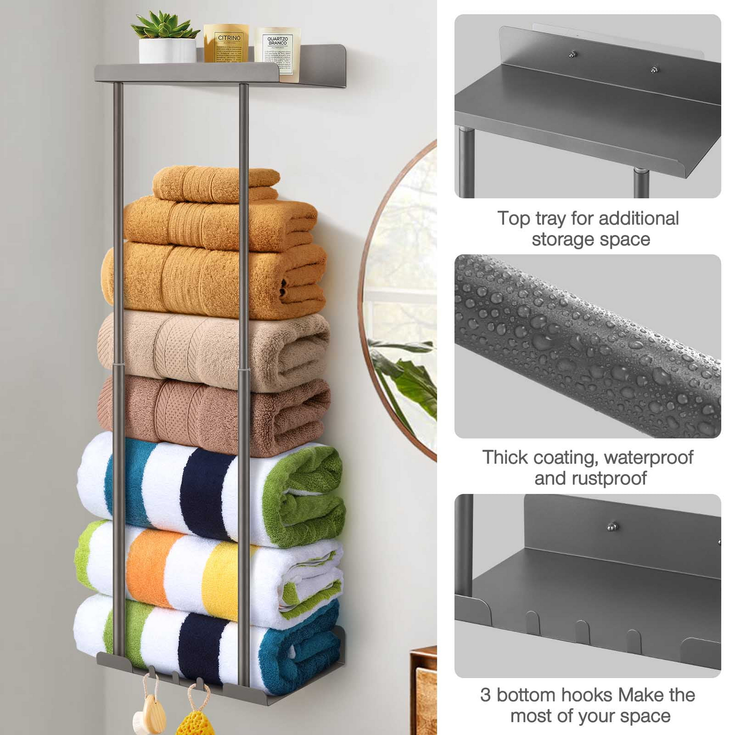 Wall Towel Rack for Rolled Towels, New Upgrade Towel Racks for Bathroom Wall Mounted, Bathroom Bar Towel Storage, Metal Bath Towel Holder for Folded Large Towel Washcloths, Black