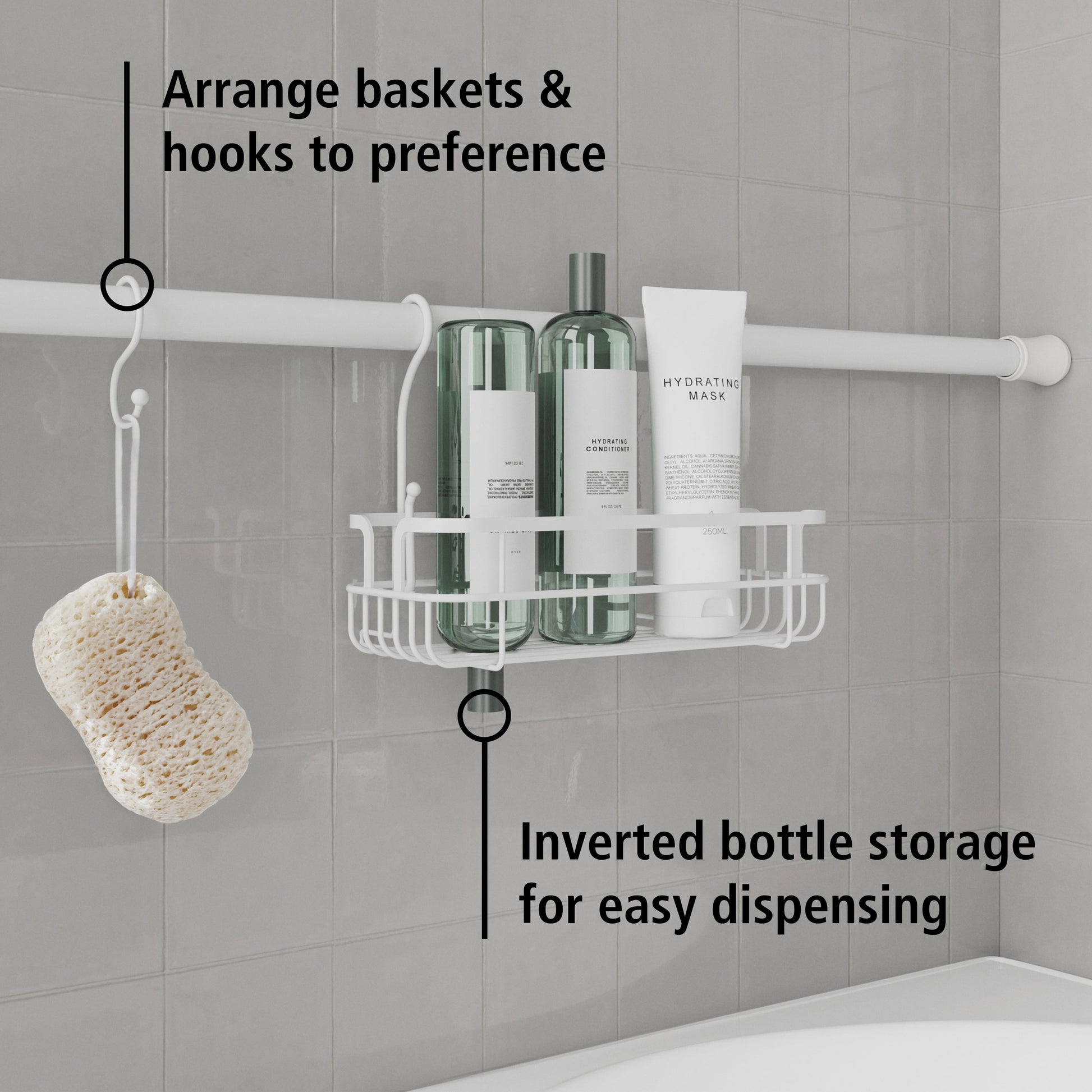 Tension Rod Bath Organizer Pole Caddy, No Tools, 4.85 - 6 Ft., Rust Resistant, White