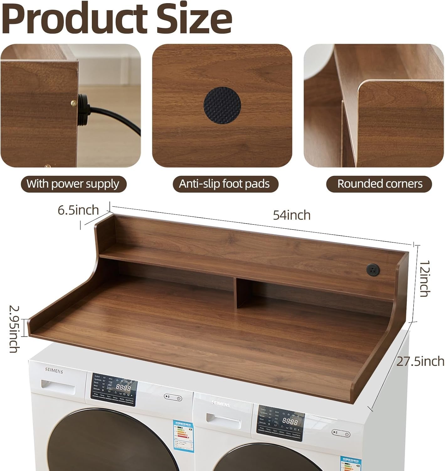2-Tier Washer and Dryer Countertop 54" W X 27.5" D – Laundry Countertop over Washer and Dryer with Power Plug, Washer Countertop for Laundry Room Organization
