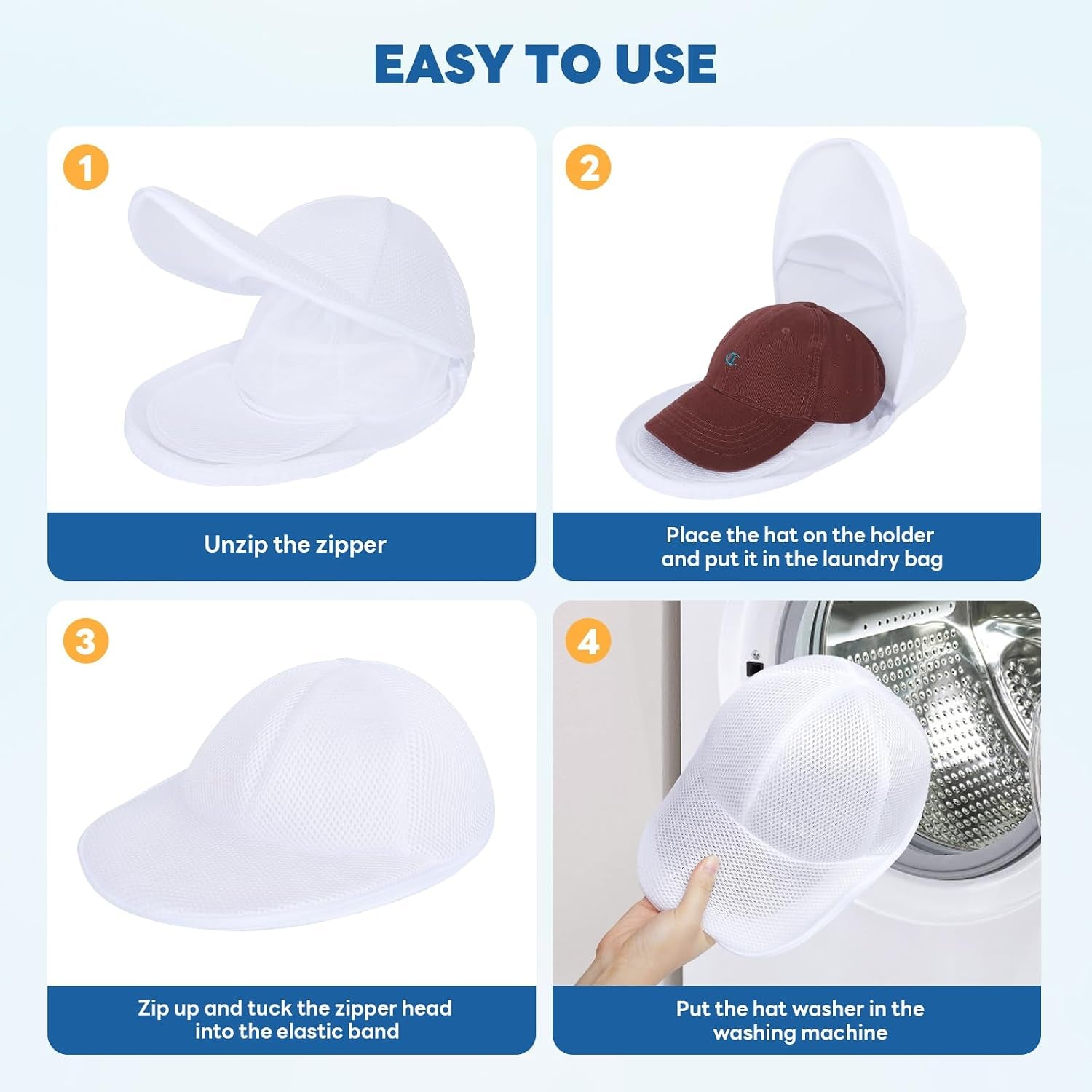 Upgraded Hat Washer Cage with Protective Mesh Bag, Pure White 2P | Durable Hats Cleaner for Caps, Hat Cleaner for Baseball Caps - Reusable, Fixed Holder, Prevents Deformation, Fits Most Hats