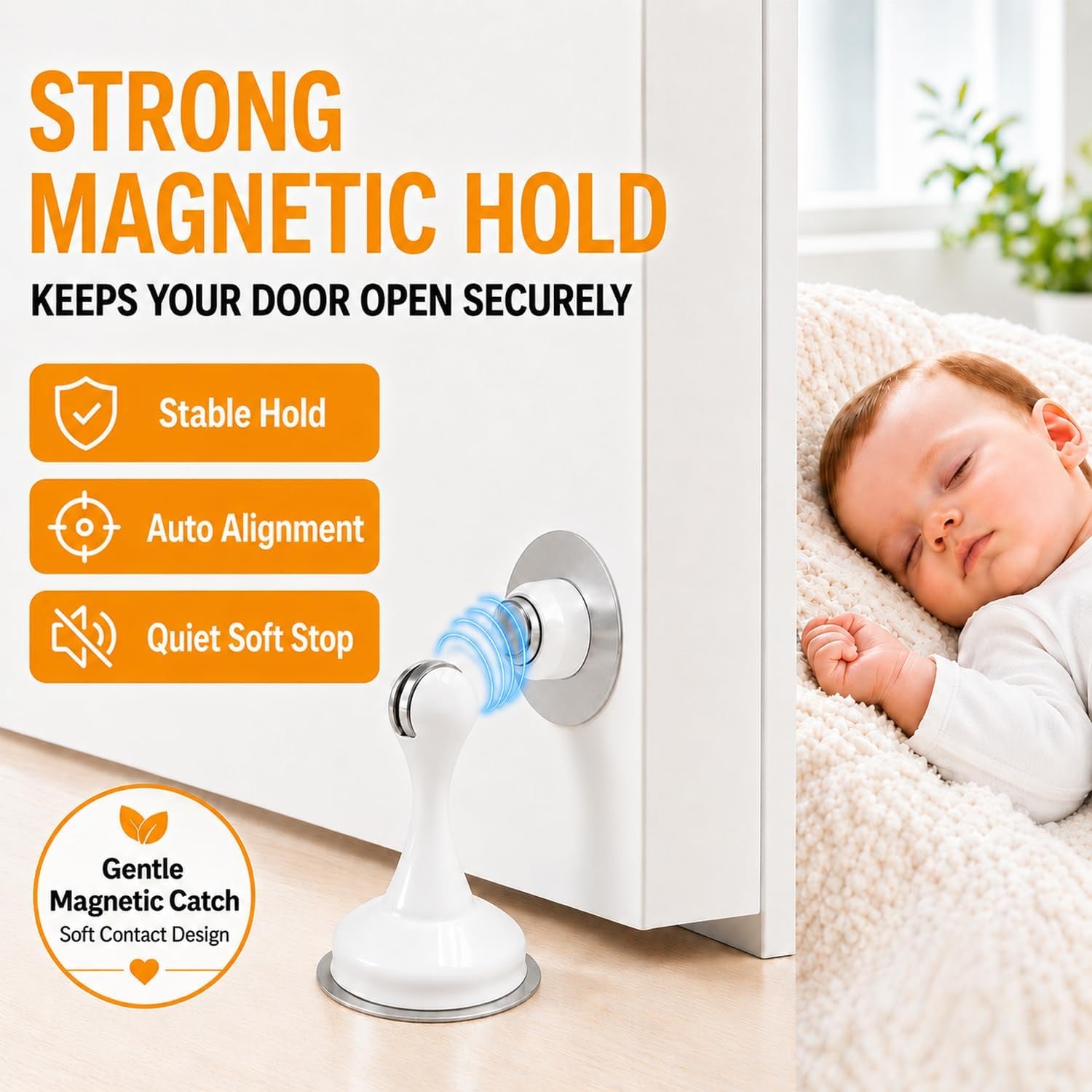Magnetic Door Stop No Drilling Door Stop with 3D Adhesive Tapes Keep Door Open Door Stainless Steel Screws for Stronger Mount (White)