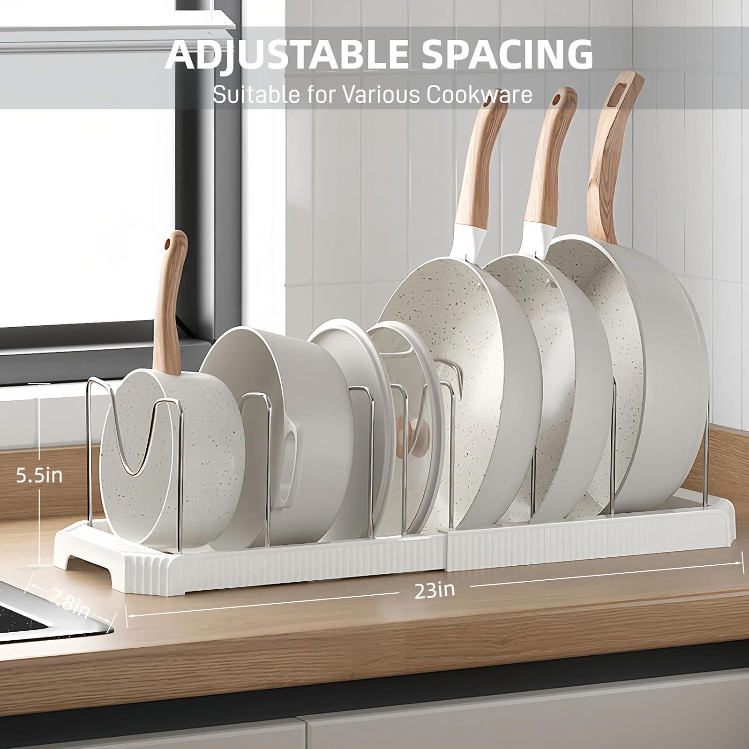 Expandable Pot and Pan Organizer Rack for Kitchen Cabinet or under Sink, Adjustable Lid Holder with 7 Dividers, Space-Saving Storage for Renters, Small Homes, and Busy Cooks, White