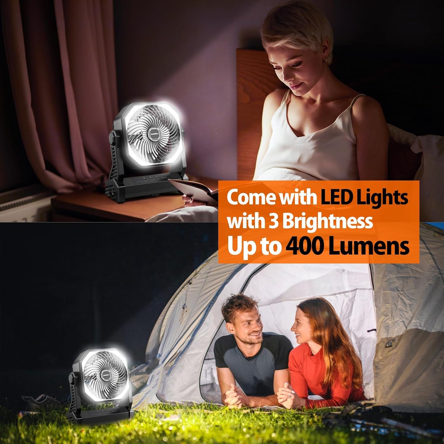 Battery Powered Camping Fan, Battery Operated Fan, Travel Gear Essentials | 20000Mah Rechargeable Battery, 58Hrs Runing, 400LM Light & 360° Rotable Hook, Whisper Quiet Fan for Outdoor Power Outages