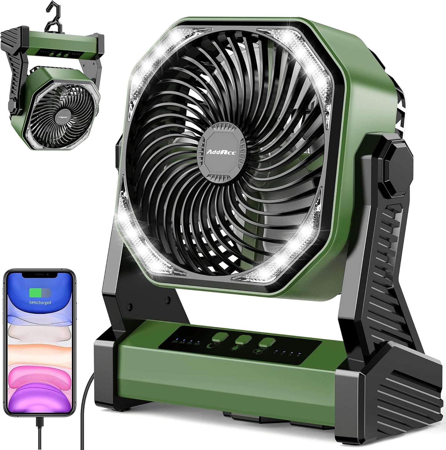 Battery Powered Camping Fan, Battery Operated Fan, Travel Gear Essentials | 20000Mah Rechargeable Battery, 58Hrs Runing, 400LM Light & 360° Rotable Hook, Whisper Quiet Fan for Outdoor Power Outages