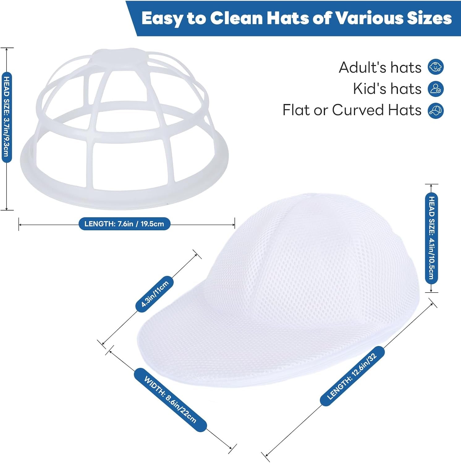 Upgraded Hat Washer Cage with Protective Mesh Bag, Pure White 2P | Durable Hats Cleaner for Caps, Hat Cleaner for Baseball Caps - Reusable, Fixed Holder, Prevents Deformation, Fits Most Hats