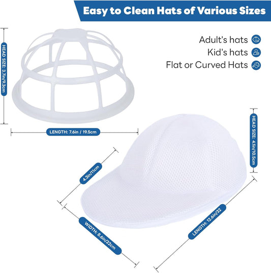 Upgraded Hat Washer Cage with Protective Mesh Bag, Pure White 2P | Durable Hats Cleaner for Caps, Hat Cleaner for Baseball Caps - Reusable, Fixed Holder, Prevents Deformation, Fits Most Hats