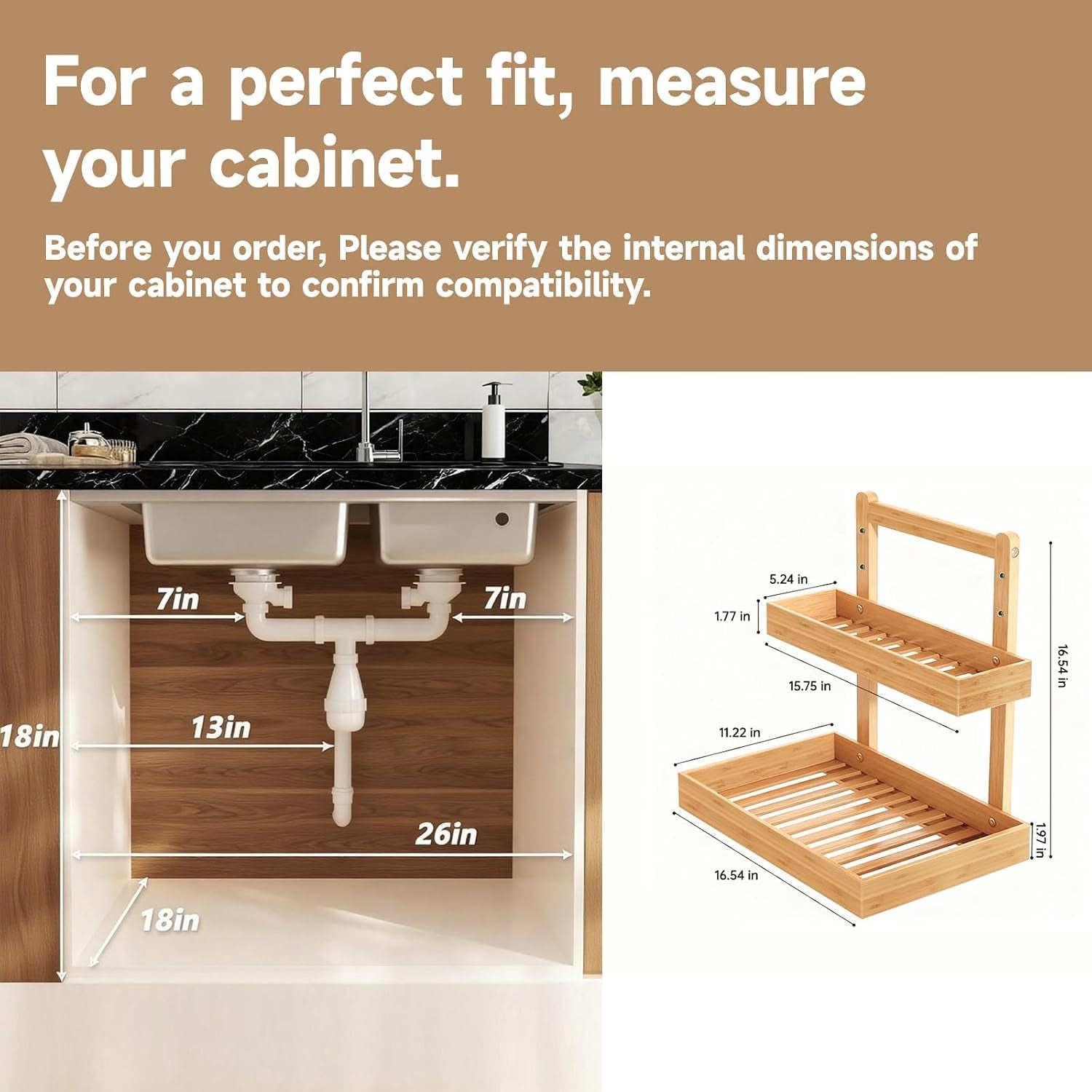 Bamboo Undersink Organizer Storage - 2-Tier Cabinet Shelf with Adjustable Levels, under Sink Storage Slide Out for Cabinet Pantry Kitchen Bathroom (Natural)