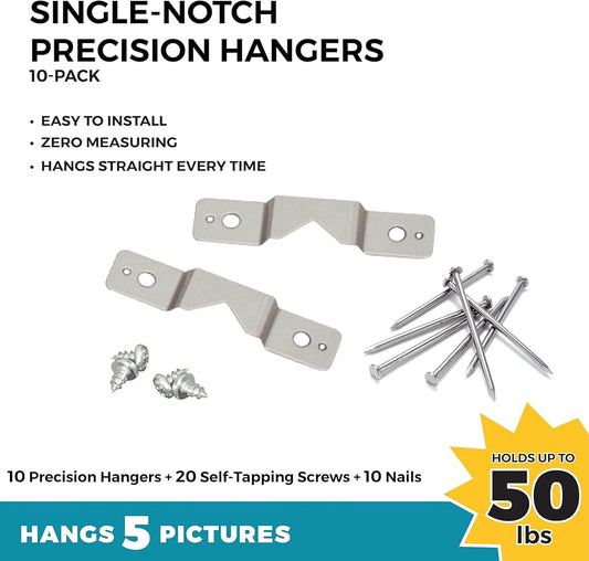 Single-Notch Precision Picture Hangers 10 Pack - plus Self-Tapping Screws & Nails Kit - Fast, Easy and Precise