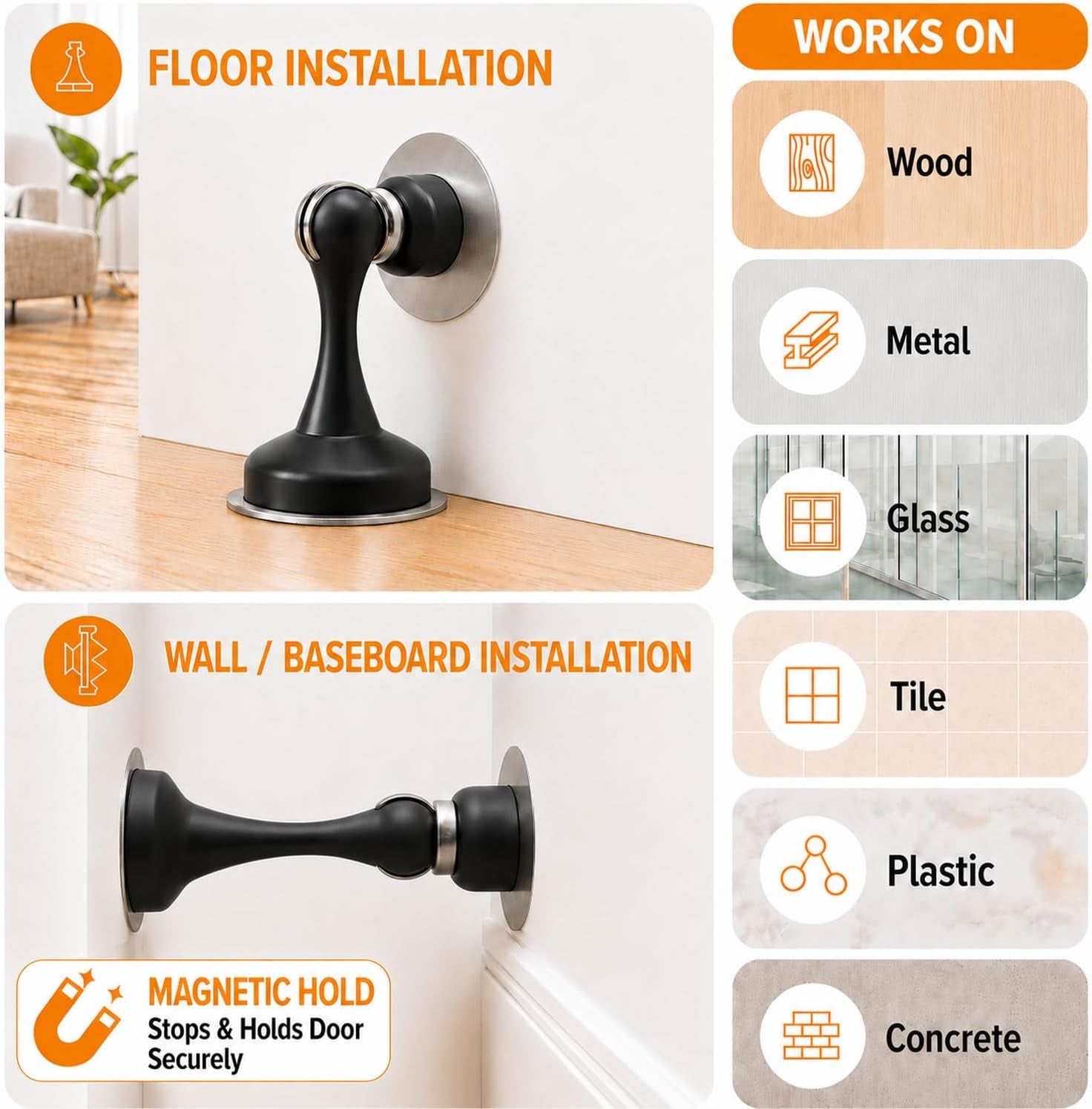 Magnetic Door Stop No Drilling Door Stop with 3D Adhesive Tapes Keep Door Open Door Stainless Steel Screws for Stronger Mount (Black)