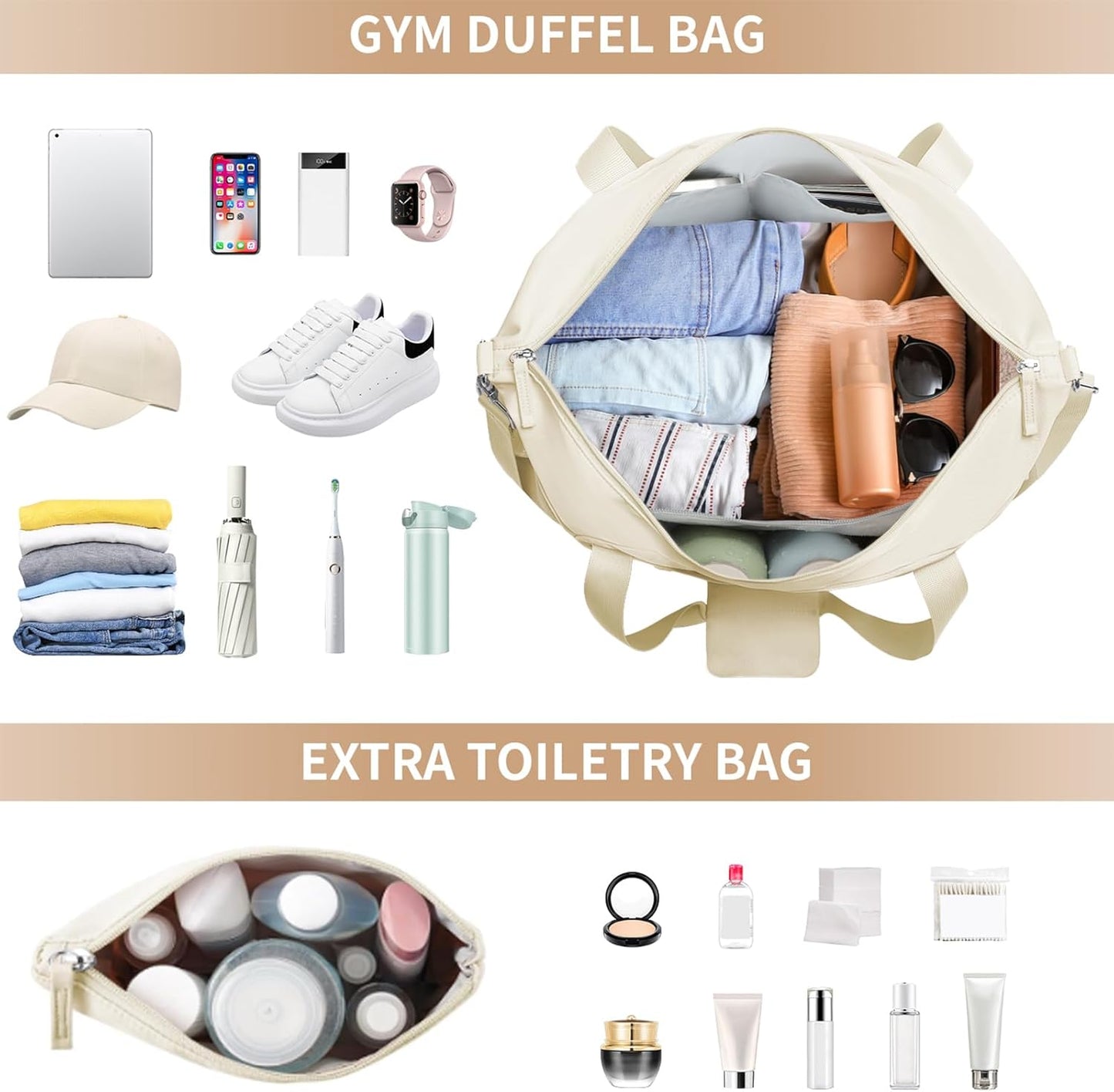 Gym Bag for Women, Personal Item Travel Bag with Shoes Compartment, Weekender Overnight Duffel Bag with Wet Pocket, Carry on Bag for Women, Travel, Gym, Weekend (Beige)