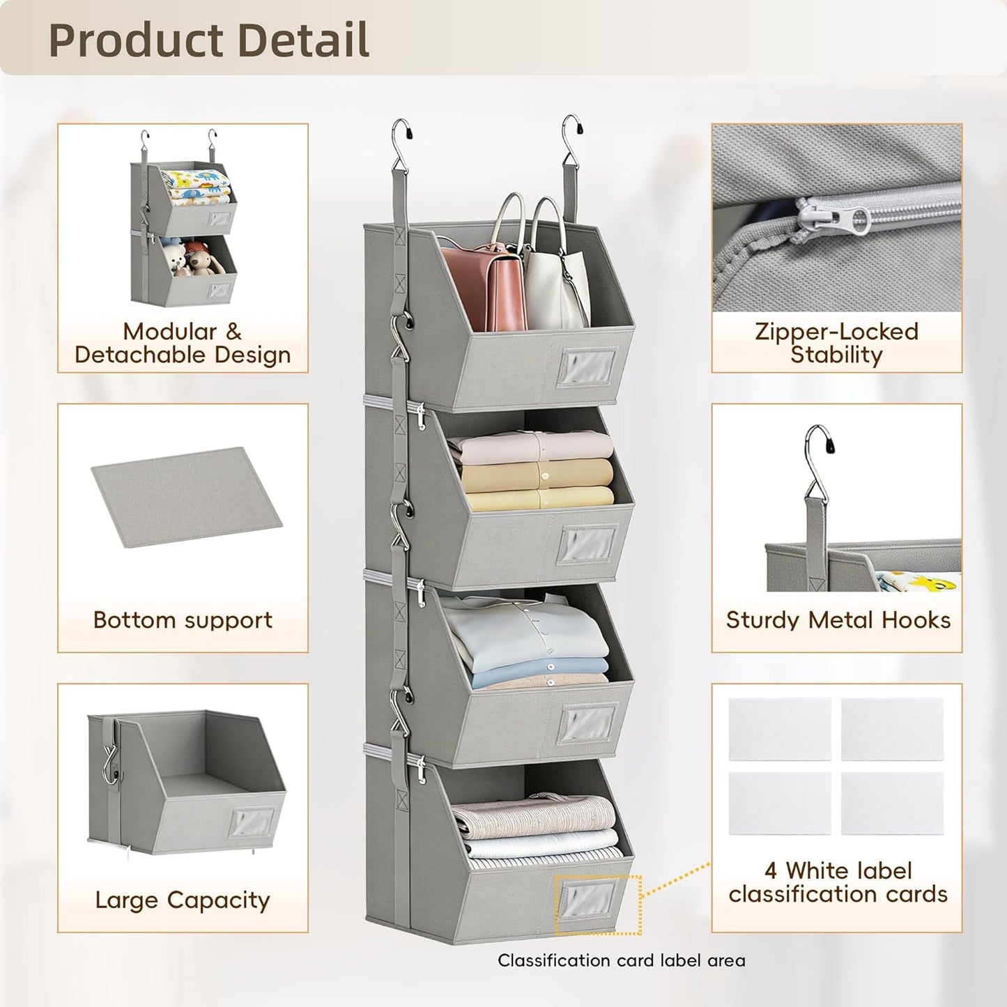 Hanging Closet Organizer 4 Tier, Hanging Shelves for Closet-Hanging Closet Organizer with Stackable Shelves,Versatile Fabric Storage Bins for Bedroom, RV, Nursery,Dorm(Grey)