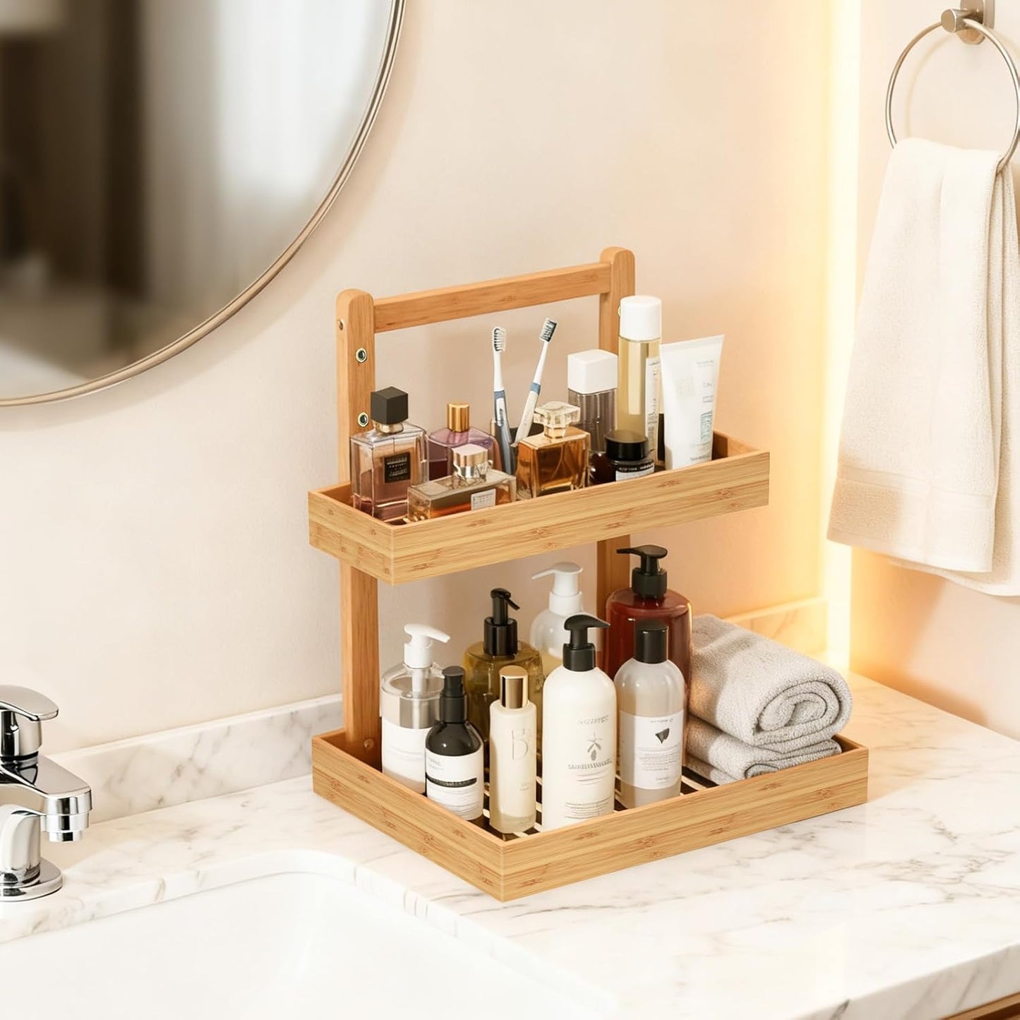 Bamboo Undersink Organizer Storage - 2-Tier Cabinet Shelf with Adjustable Levels, under Sink Storage Slide Out for Cabinet Pantry Kitchen Bathroom (Natural)
