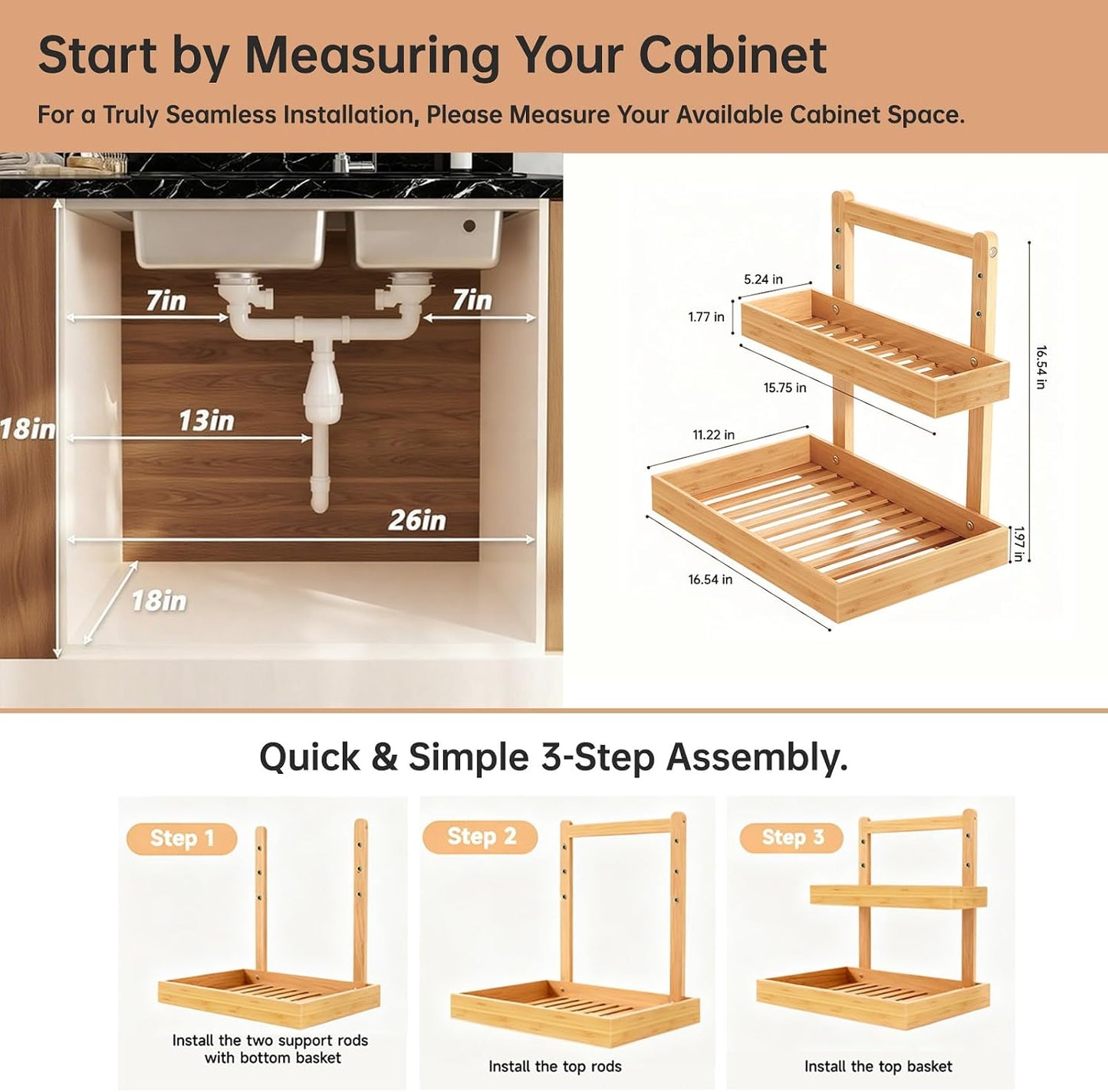 2-Tier under Sink Pull Out Organizer, Bamboo Cabinet Storage Shelf with Adjustable Height, Slide Out for Kitchen Bathroom Pantry (Natural, 1 Pack)