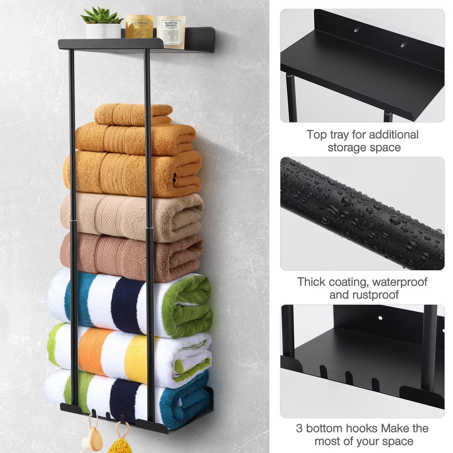 Wall Towel Rack for Rolled Towels, New Upgrade Towel Racks for Bathroom Wall Mounted, Bathroom Bar Towel Storage, Metal Bath Towel Holder for Folded Large Towel Washcloths, Black