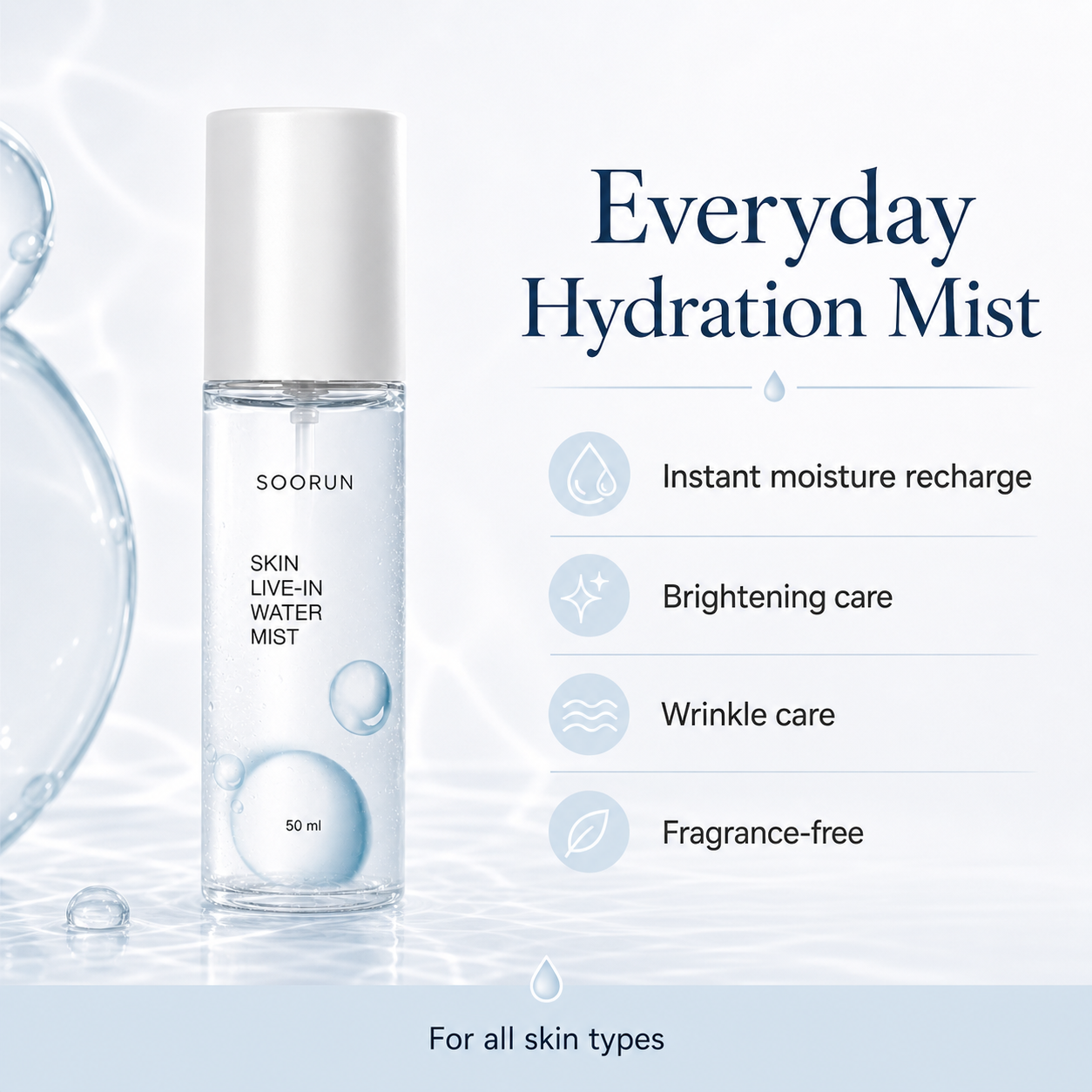 SOORUN Skin Live-In Water Mist 50ml (1.69 fl oz) | Korean Hyaluronic Acid Mist for Instant Deep Hydration