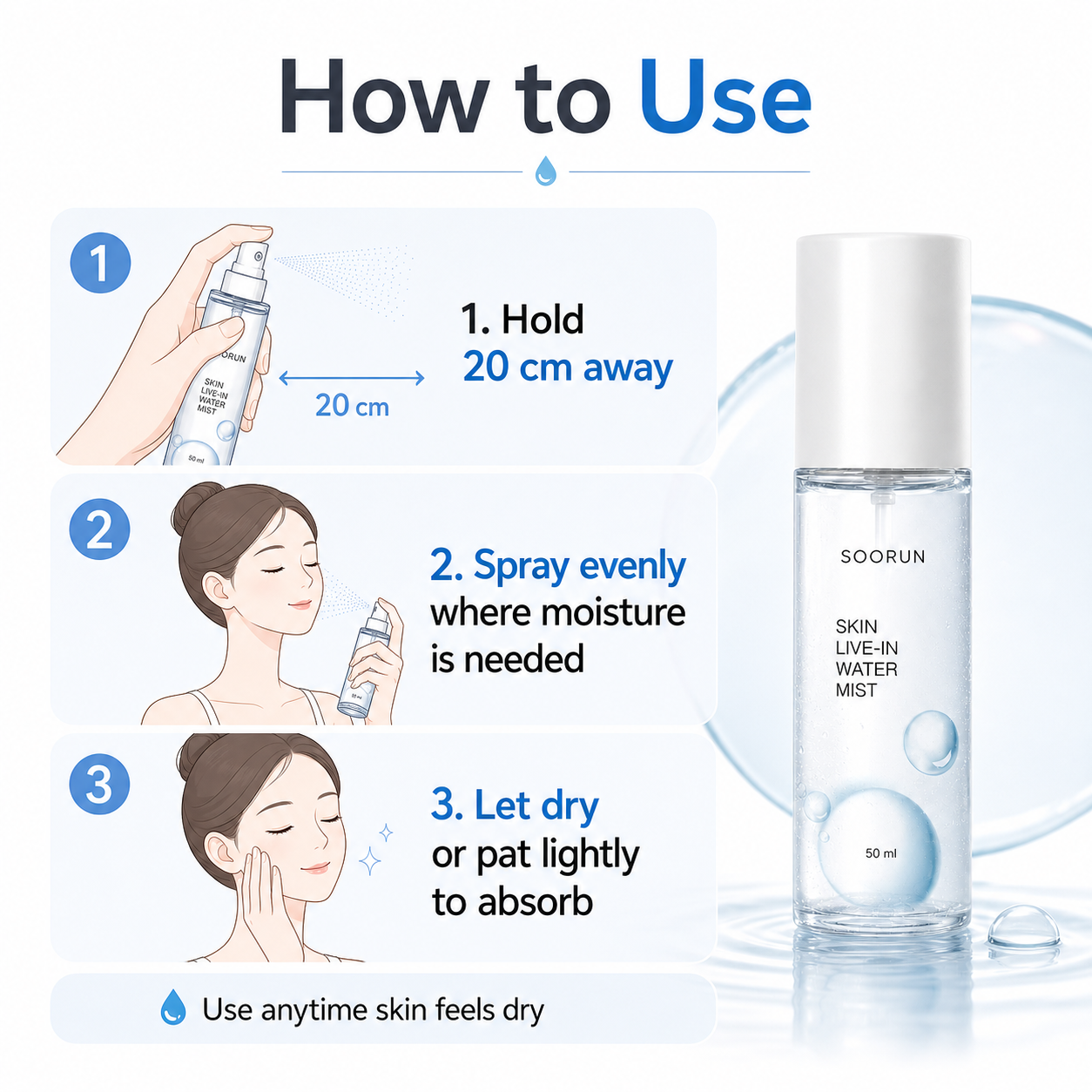 SOORUN Skin Live-In Water Mist 50ml (1.69 fl oz) | Korean Hyaluronic Acid Mist for Instant Deep Hydration