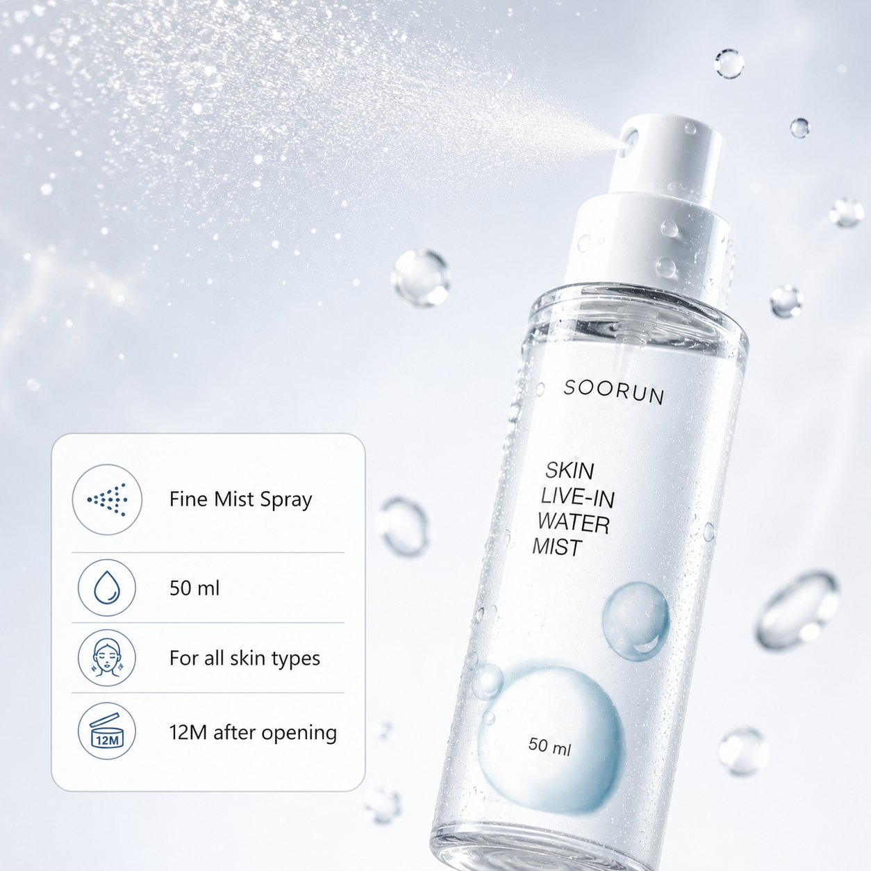 SOORUN Skin Live-In Water Mist 50ml (1.69 fl oz) | Korean Hyaluronic Acid Mist for Instant Deep Hydration