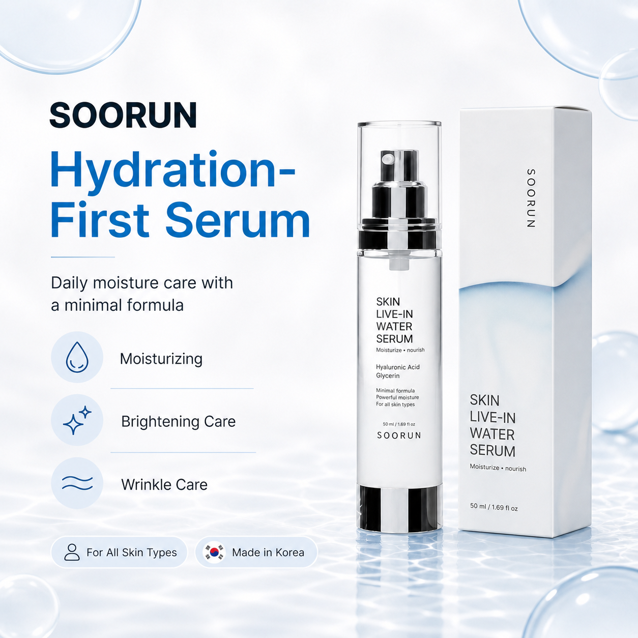 SOORUN Skin Live-In Water Serum 50ml (1.69 fl oz) | Korean Hyaluronic Acid Serum for Intense Deep Hydration