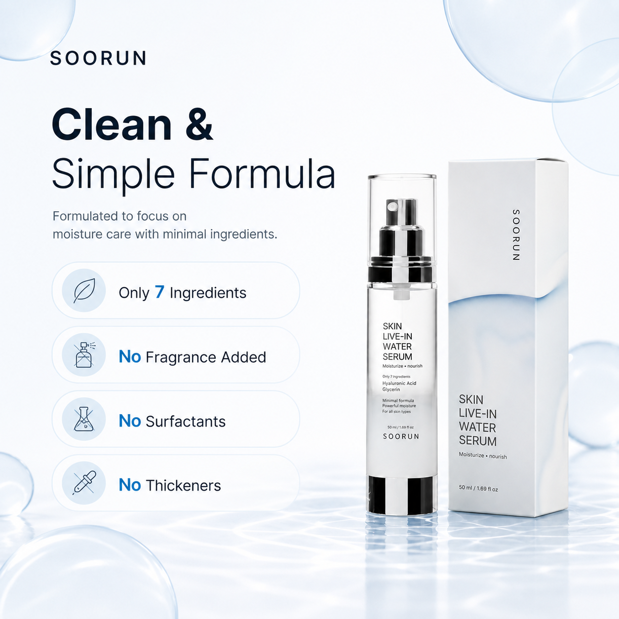SOORUN Skin Live-In Water Serum 50ml (1.69 fl oz) | Korean Hyaluronic Acid Serum for Intense Deep Hydration