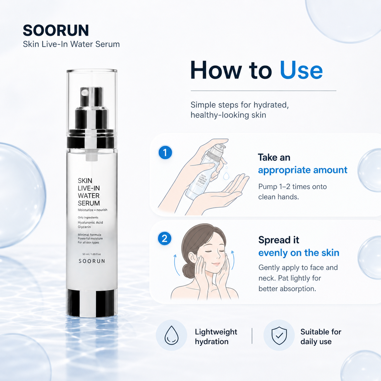 SOORUN Skin Live-In Water Serum 50ml (1.69 fl oz) | Korean Hyaluronic Acid Serum for Intense Deep Hydration
