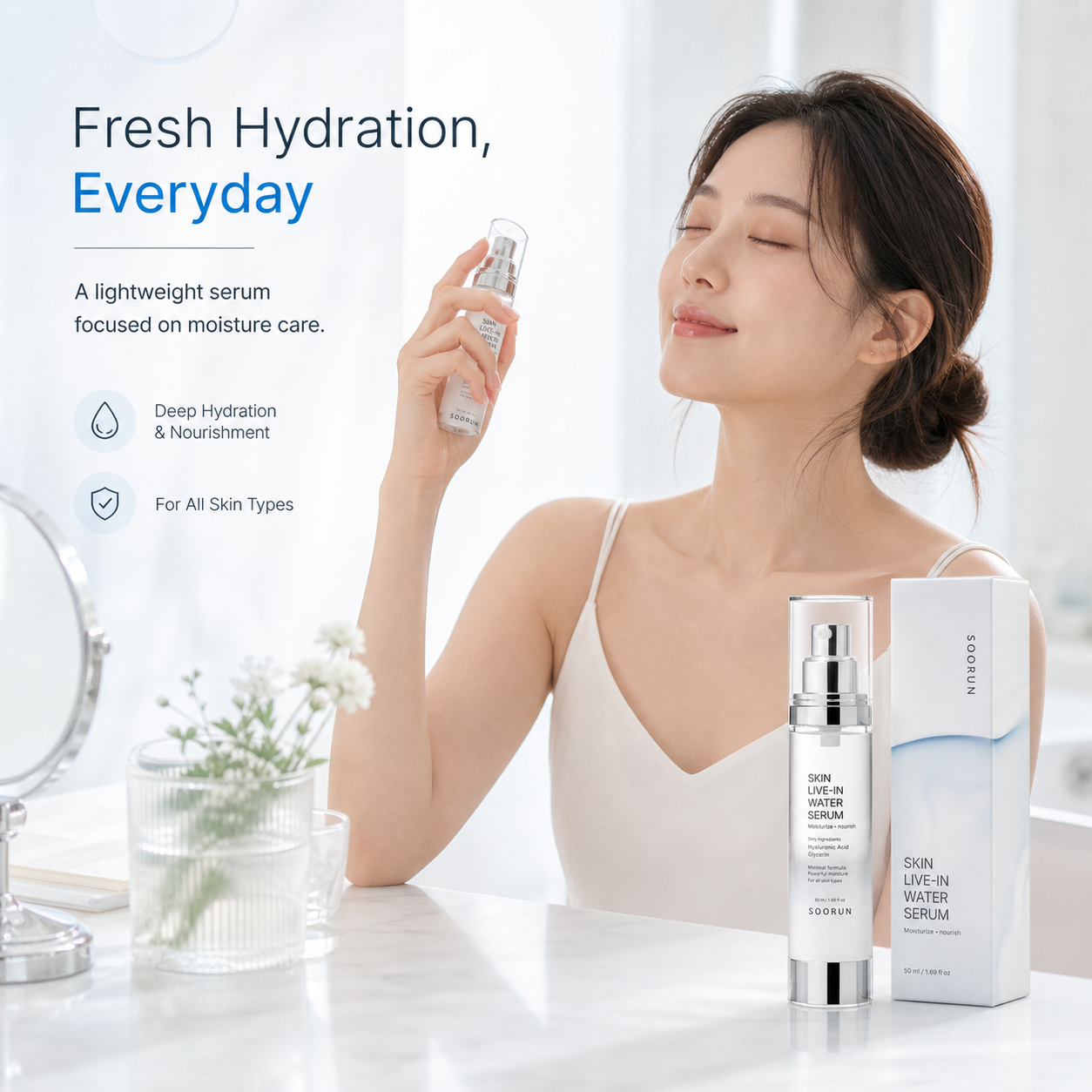 SOORUN Skin Live-In Water Serum 50ml (1.69 fl oz) | Korean Hyaluronic Acid Serum for Intense Deep Hydration