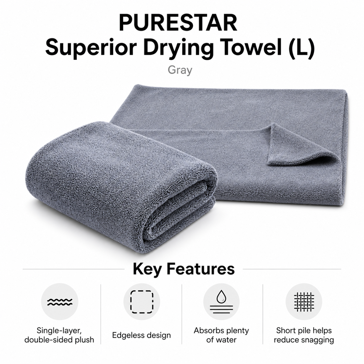 PURESTAR Superior Drying Towel L | 1100gsm Edgeless Korean Microfiber | Car Drying Towel
