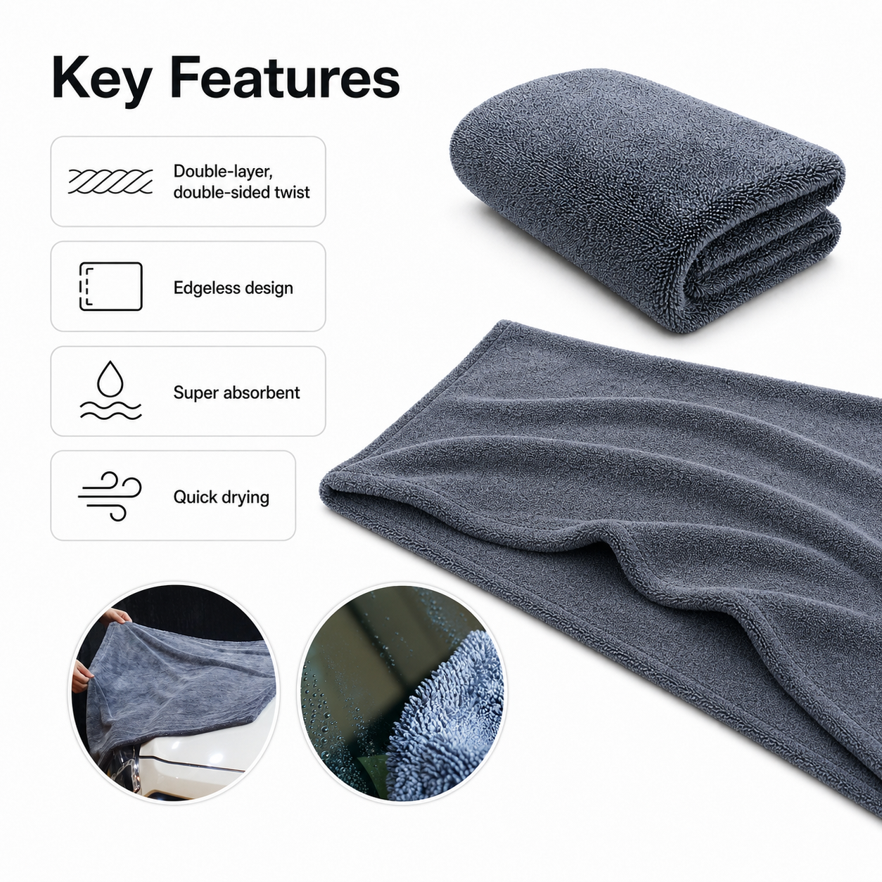 PURESTAR Duplex Drying Towel L | 1060gsm Edgeless Korean Microfiber | Car Drying Towel
