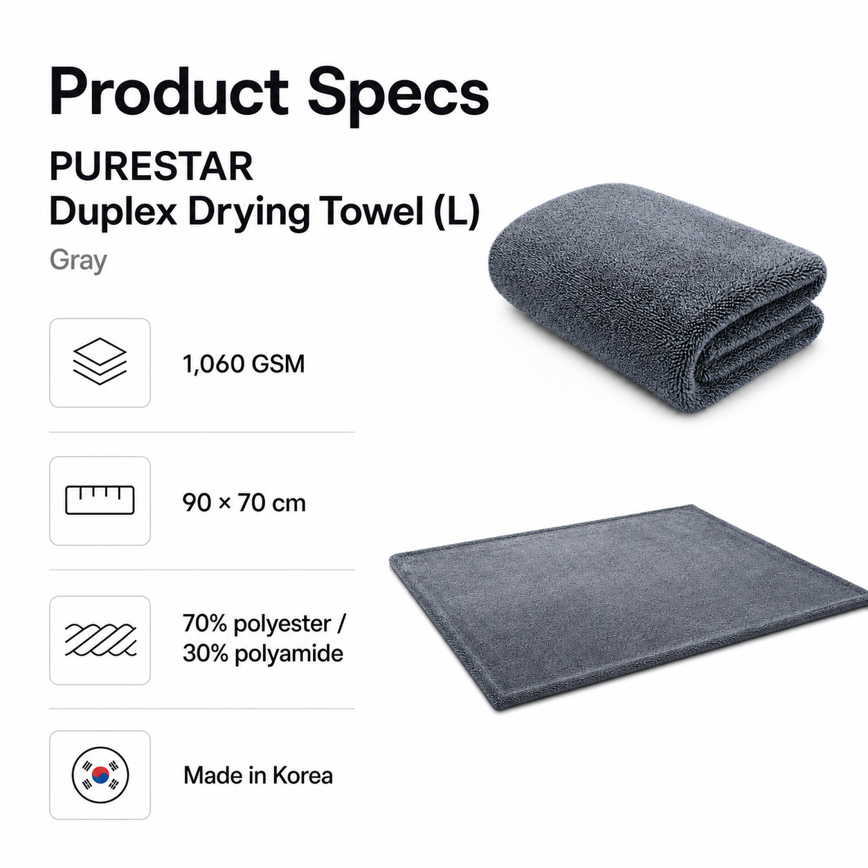 PURESTAR Duplex Drying Towel L | 1060gsm Edgeless Korean Microfiber | Car Drying Towel