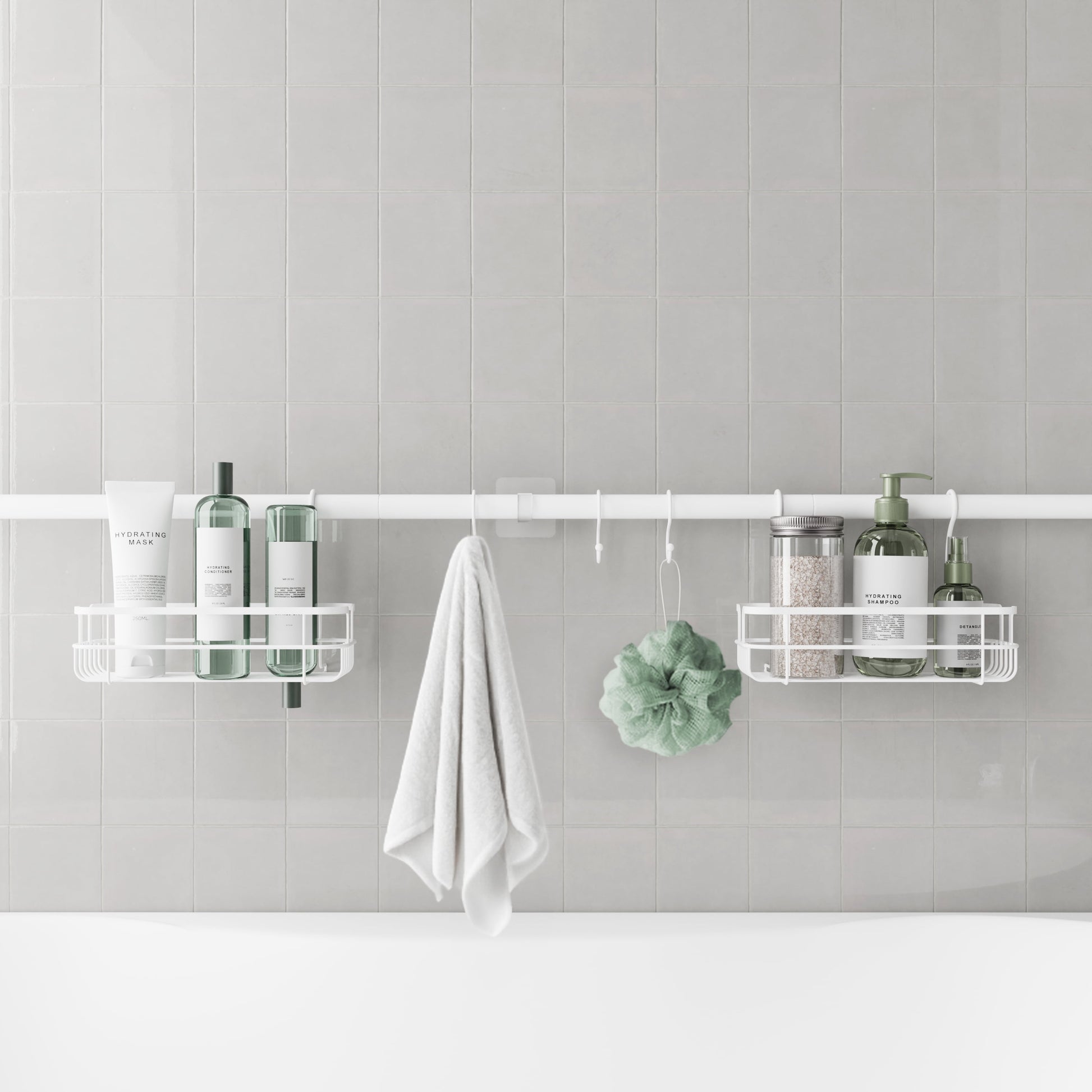 Tension Rod Bath Organizer Pole Caddy, No Tools, 4.85 - 6 Ft., Rust Resistant, White