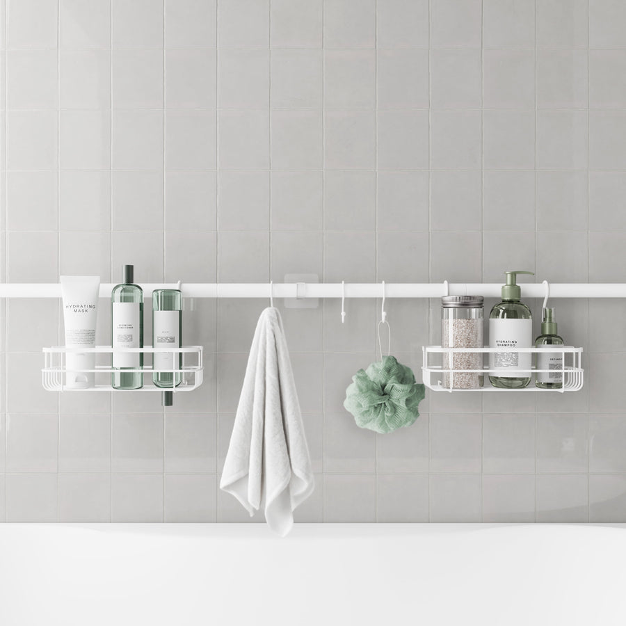 Tension Rod Bath Organizer Pole Caddy, No Tools, 4.85 - 6 Ft., Rust Resistant, White