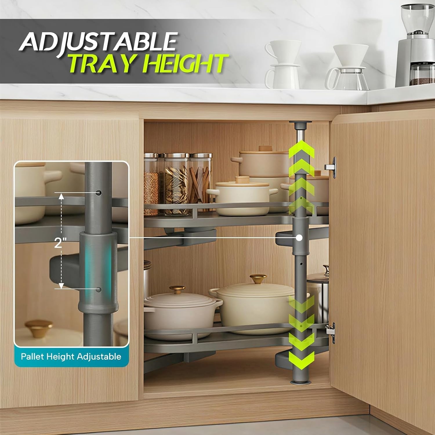 Blind Corner Cabinet Pull Out Organizer, Heavy Duty 2-Tier Soft Close System, Fits 12”-18” Cabinets, Left/Right Adjustable Magic Corner Storage for Kitchen Cabinets