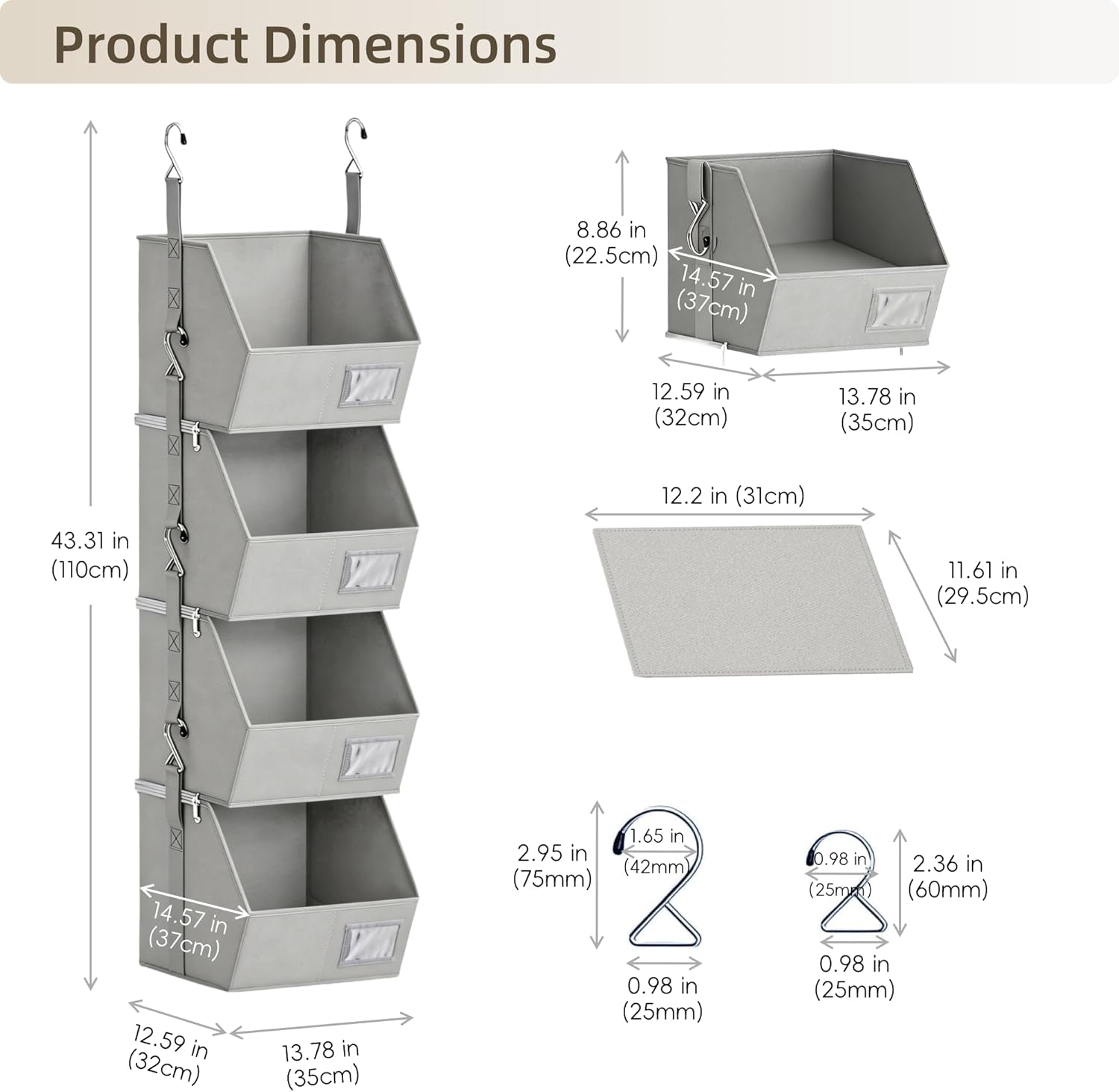 Hanging Closet Organizer 4 Tier, Hanging Shelves for Closet-Hanging Closet Organizer with Stackable Shelves,Versatile Fabric Storage Bins for Bedroom, RV, Nursery,Dorm(Grey)
